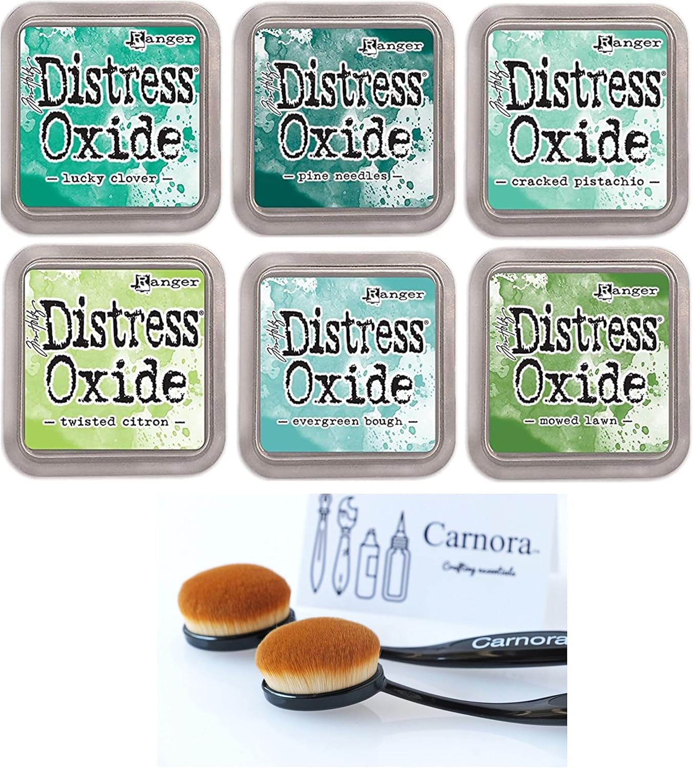 Tim Holtz Ranger Distress Oxide Ink, 6 Shades of Green, Lucky Clover, Pine Needles, Cracked Pistachio, Twisted Citron, Evergreen Bough, Mowed Lawn, 6 Inks, 2 Carnora Ink-Blend Brushes, 8 Item Bundle