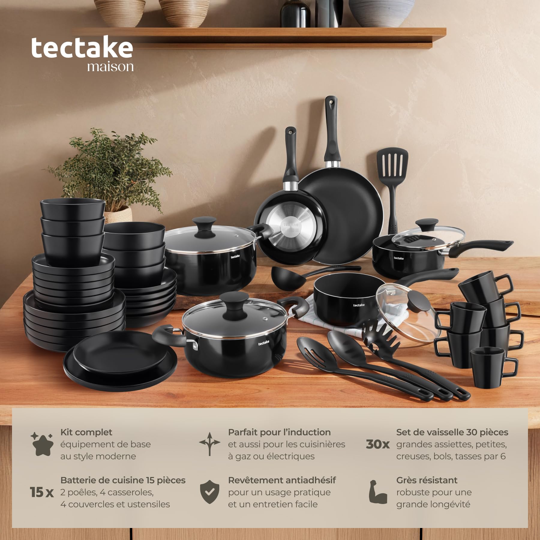 tectake® Set de cuisine 45 pièces, Service de table 6 personnes et Batterie de cuisine, Poêles, Casseroles, Assiettes plates, Assiettes creuses, Bols, Tasses, Louche, Spatule, Vaisselle en grès