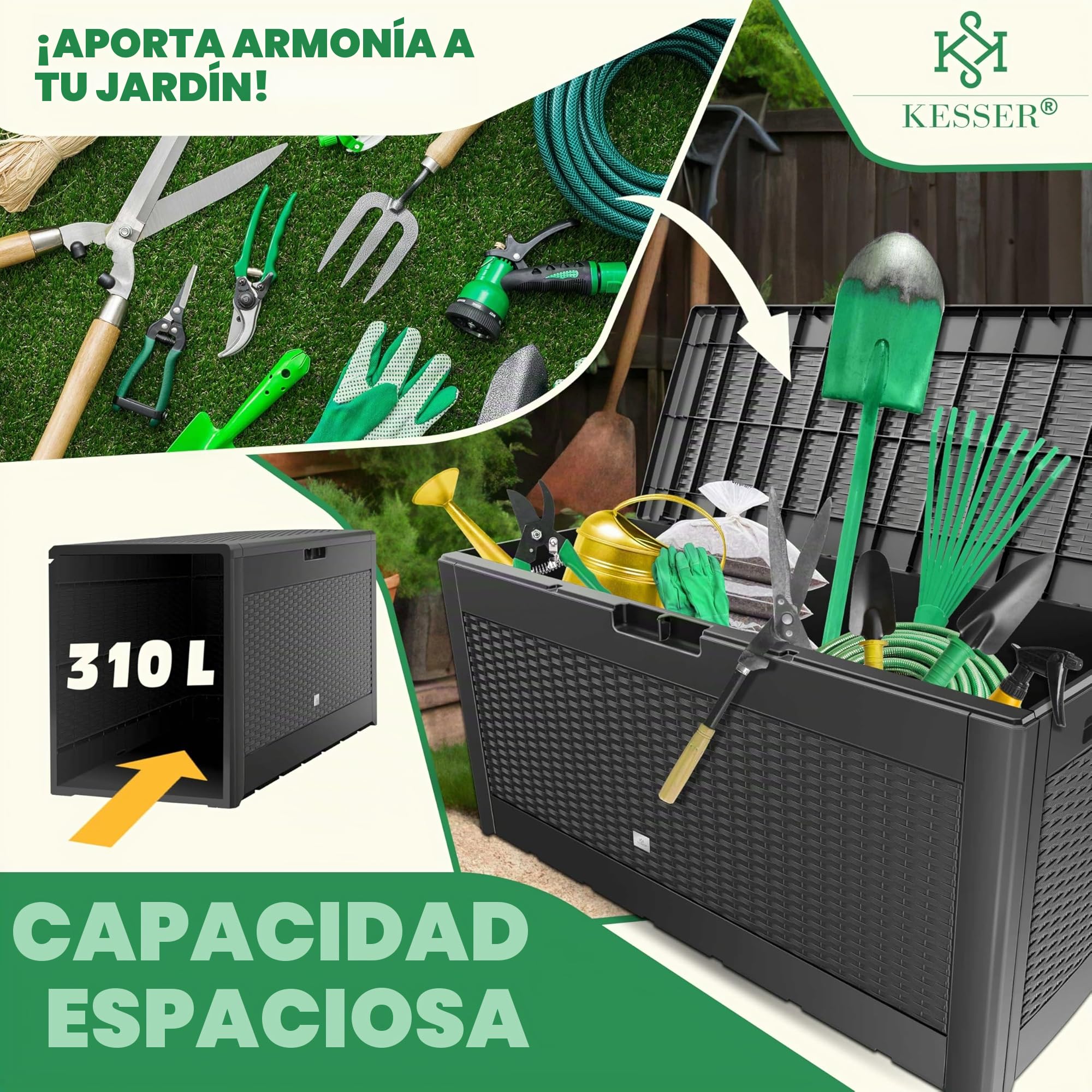 KESSER® Caja para Cojines 310 Litros Con Ruedas, Tapa Plegable, Asas, Aspecto de Ratán, Resistente a la Intemperie, Almacenamiento para Jardín
