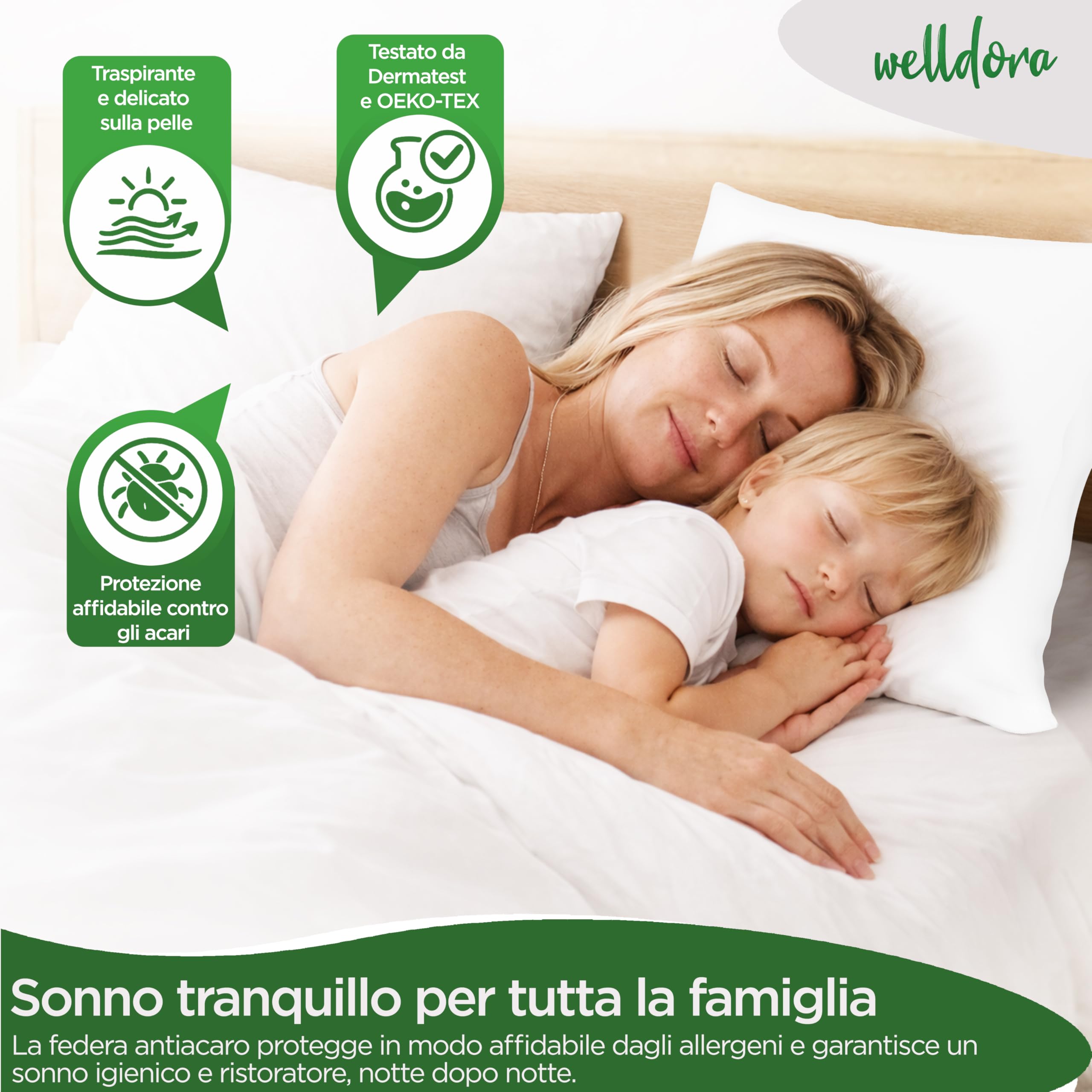 Welldora Set di 2 Copricuscino Antiacaro Anallergico 50 x 70 cm, Federe Antiacaro Antiallergiche Testate, Fodera contro Acari e Cimici dei Letti, Biancheria da Letto