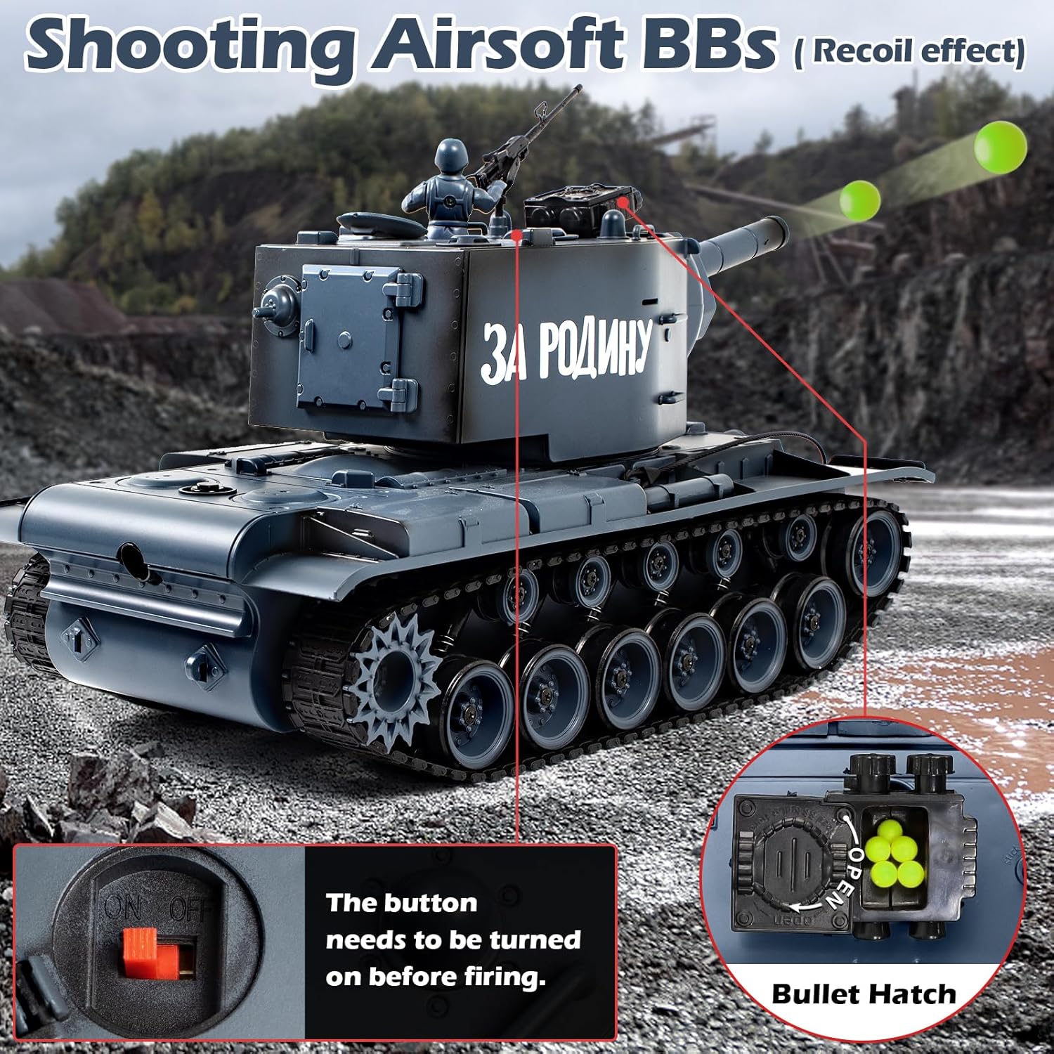 1:18 RC Tank for Adult and Kid, 2.4G Soviet Union KV2 Model Toys, RC Vehicle Tank That Shoots BBS with Smoke, Lights, Sound and Recoil,Military Army Toys with 2 Rechargeable Battery