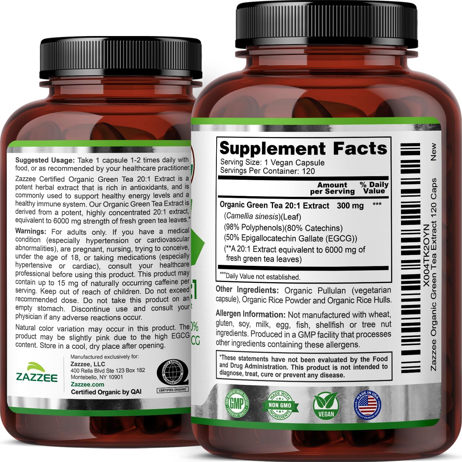 Zazzee USDA Organic Green Tea 20:1 Extract, 6000 mg Strength, 50% EGCG, 98% Polyphenols and 80% Catcehins, 120 Vegan Capsules, 4 Month Supply, Standardized and Concentrated 20X Potency, Non-GMO - Image 8