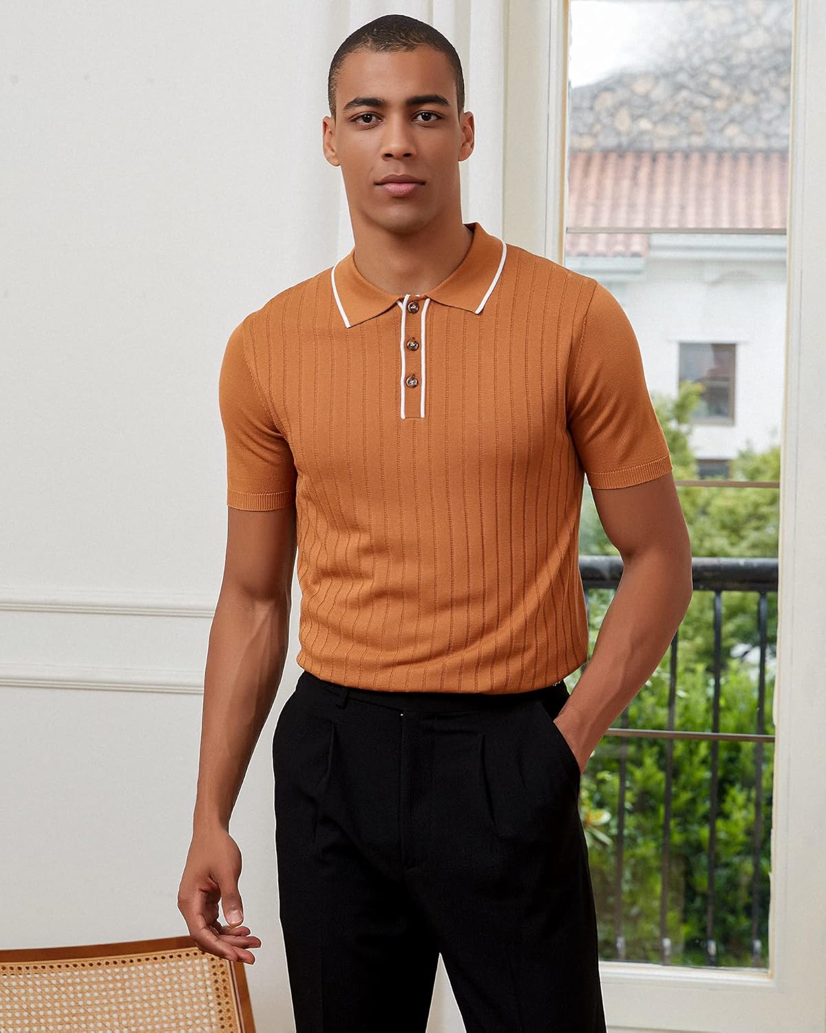 Kallspin Men's Vintage Knitted Polo Shirt Short Sleeve Solid Collared Golf Shirts with Button - Image 6