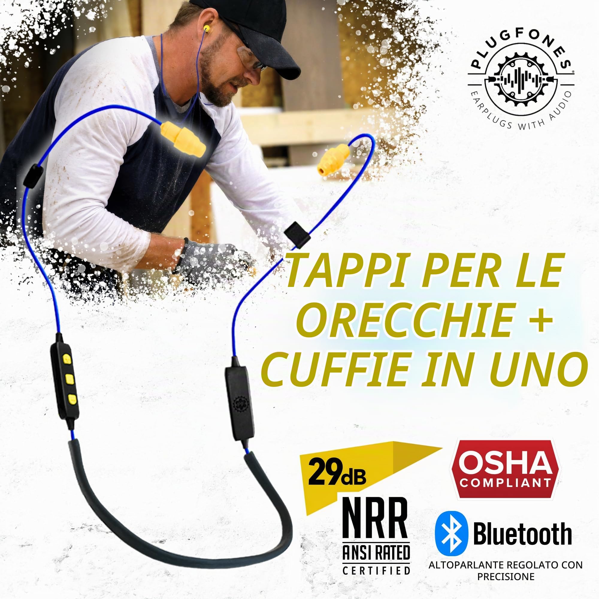 Plugfones Liberate 2.0 - Auricolari Bluetooth per lavoro, conformi all'OSHA, senza fili, protezione dell'udito NRR da 29 dB, tappi per le orecchie con isolamento acustico e microfono e controlli (blu