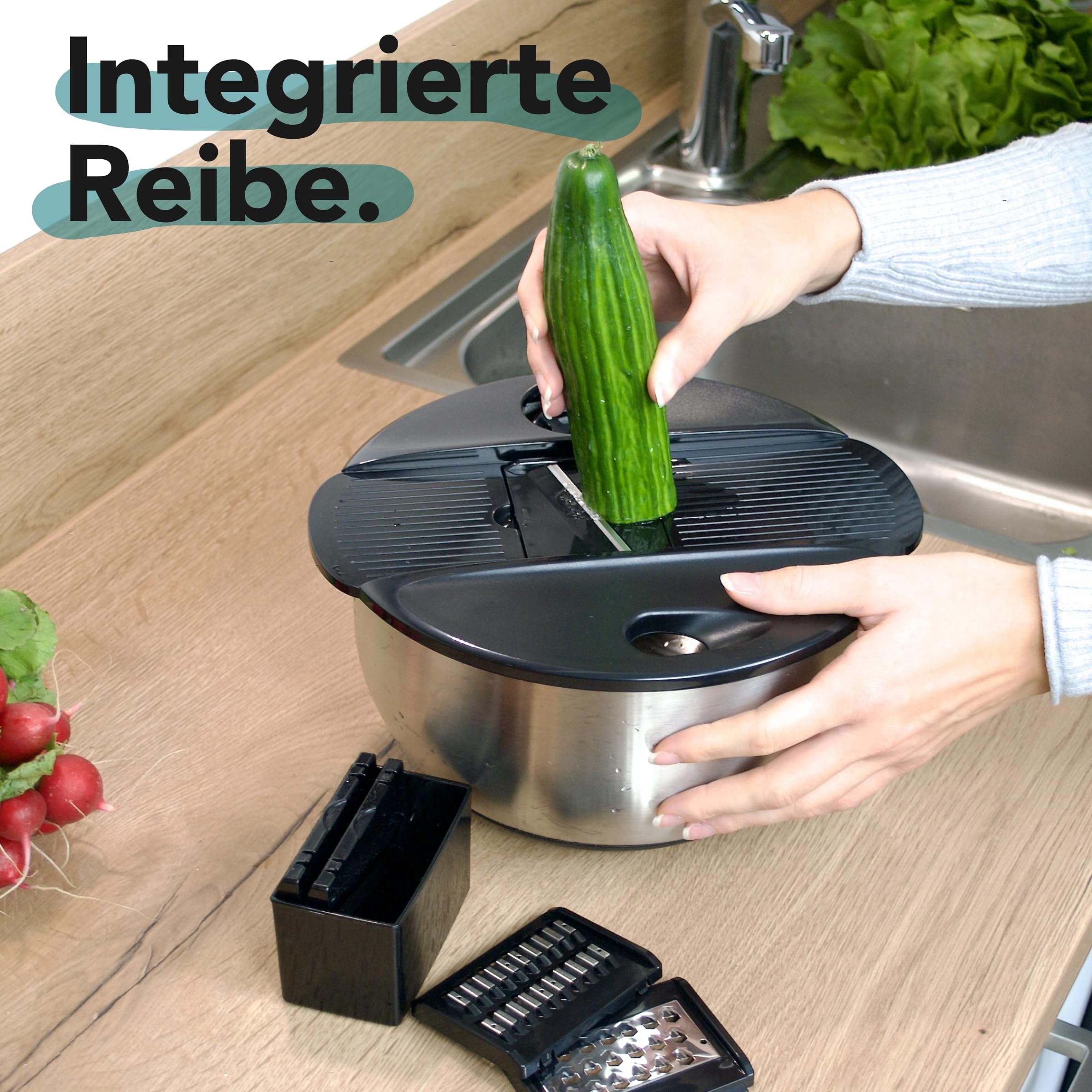 Cookery Salatschleuder aus Edelstahl (4,5l) + Gemüsehobel mit 5 Klingen | einfaches Salatschleudern durch rutschfesten Boden und Kurbelantrieb