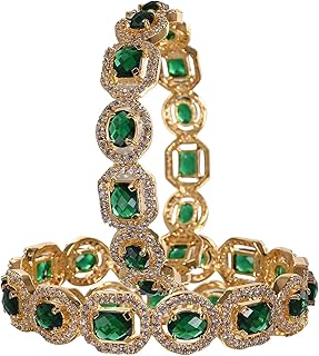 RATNAVALI JEWELS American Diamond Studded Golden Plated Traditional Emerald Green CZ/Diamond Bangles for Women/Girls RV1938G