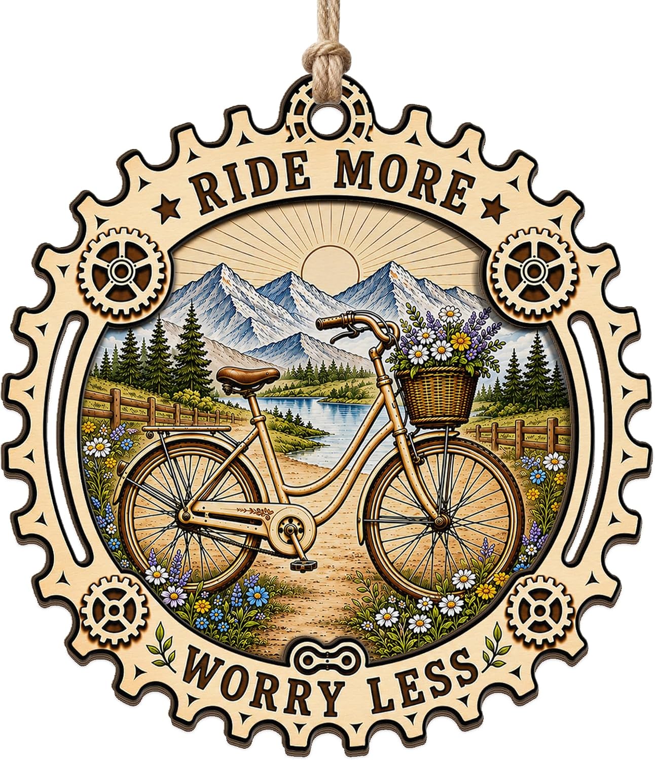 Ride More Cycling Mountain Bike Wooden Hanging Christmas Ornament