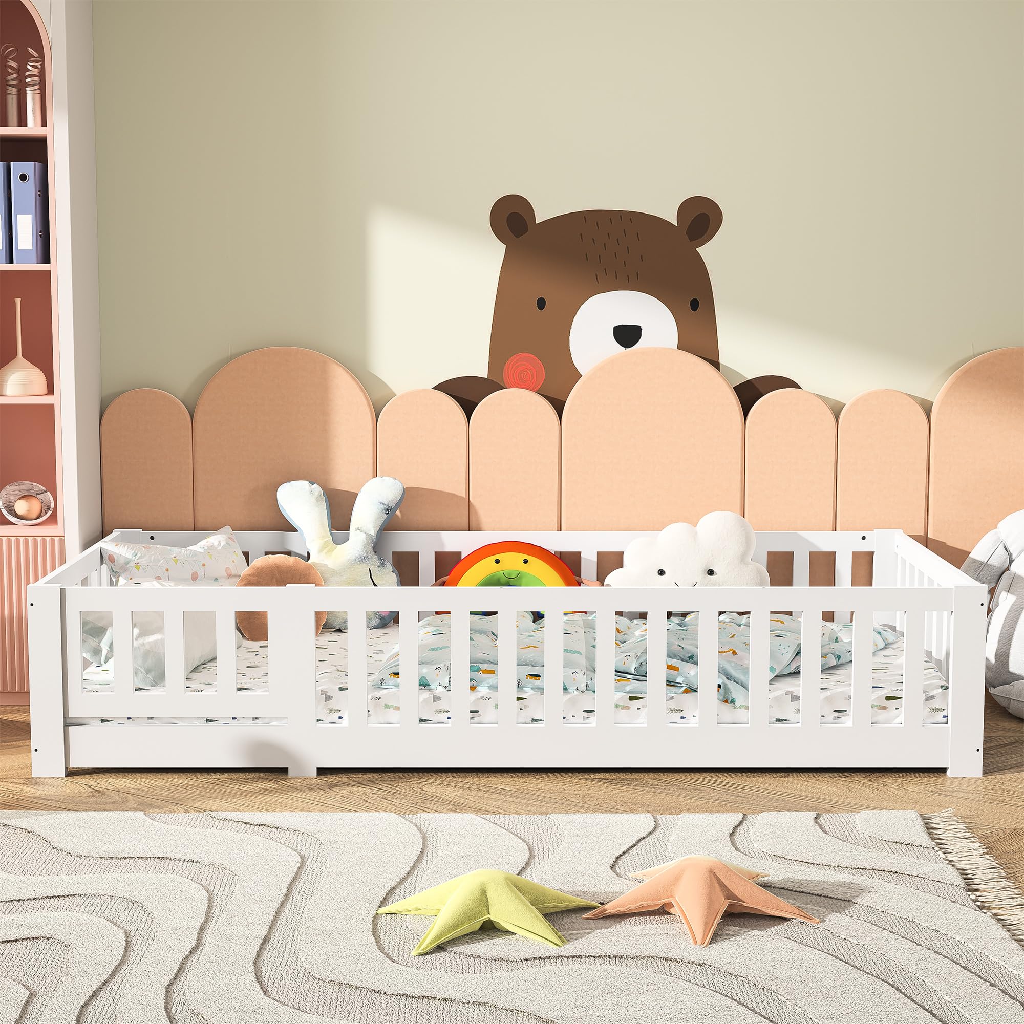 LIVLUX Lit Enfant 90x200 cm,Lit au Sol,avec Barrière de Sécurité et Sommier à Lattes,lit Montessori,Bois Massif Pin, Blanc,pour Chambre de Garçons Filles (90 x 200 cm)