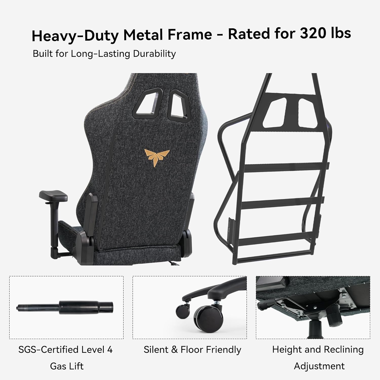 Gaming Chair 4D Adjustable Armrests - 170° Reclining & 320lb Capacity, High Back Ergonomic Computer Chair with Lumbar Support, Fabric Office Chair for Adults (Black)