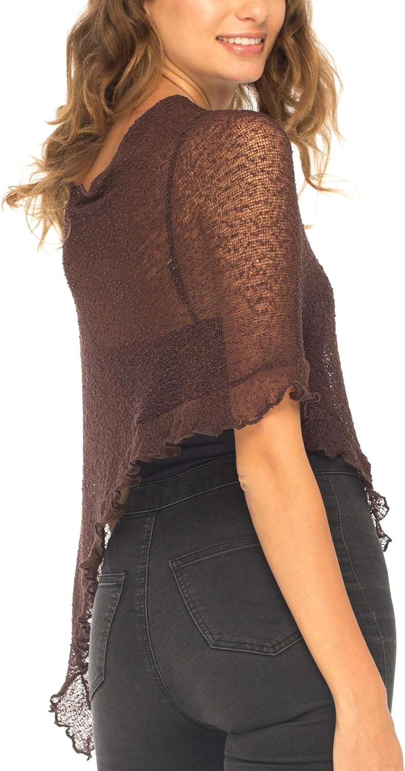 SHU-SHI Womens Sheer Poncho Shrug Lightweight Knit Ruffle Pullover Sweater Top - Image 4