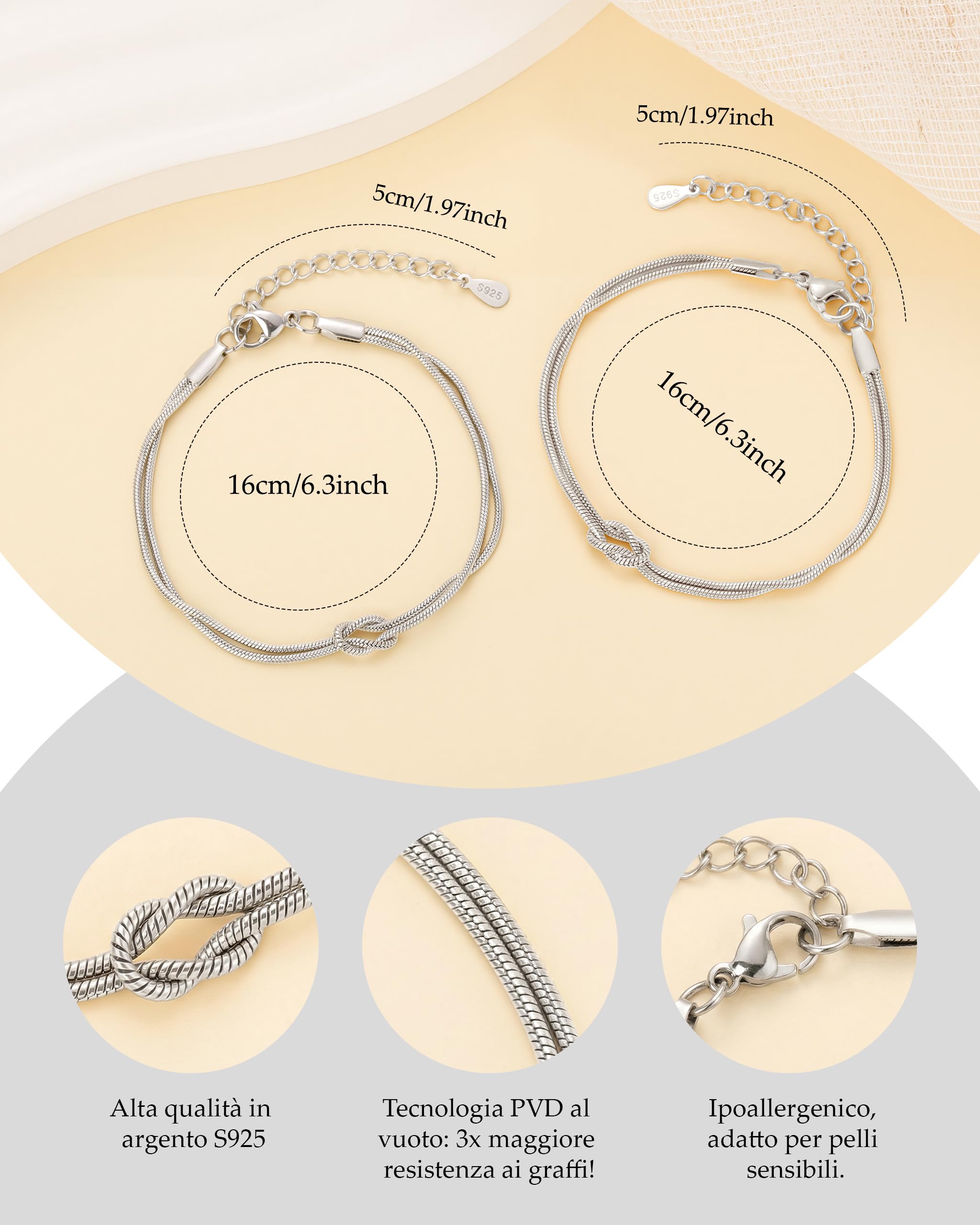 J.Fée 2PCS Bracciali Coppia Bracciale Amicizia Bracciale Donna Argento 925 Bracciali Amicizia Donna, Braccialetti Donne Oro, Regali di Coppia Regalo Amica Regalo Fidanzato Regali Mamma San Valentino