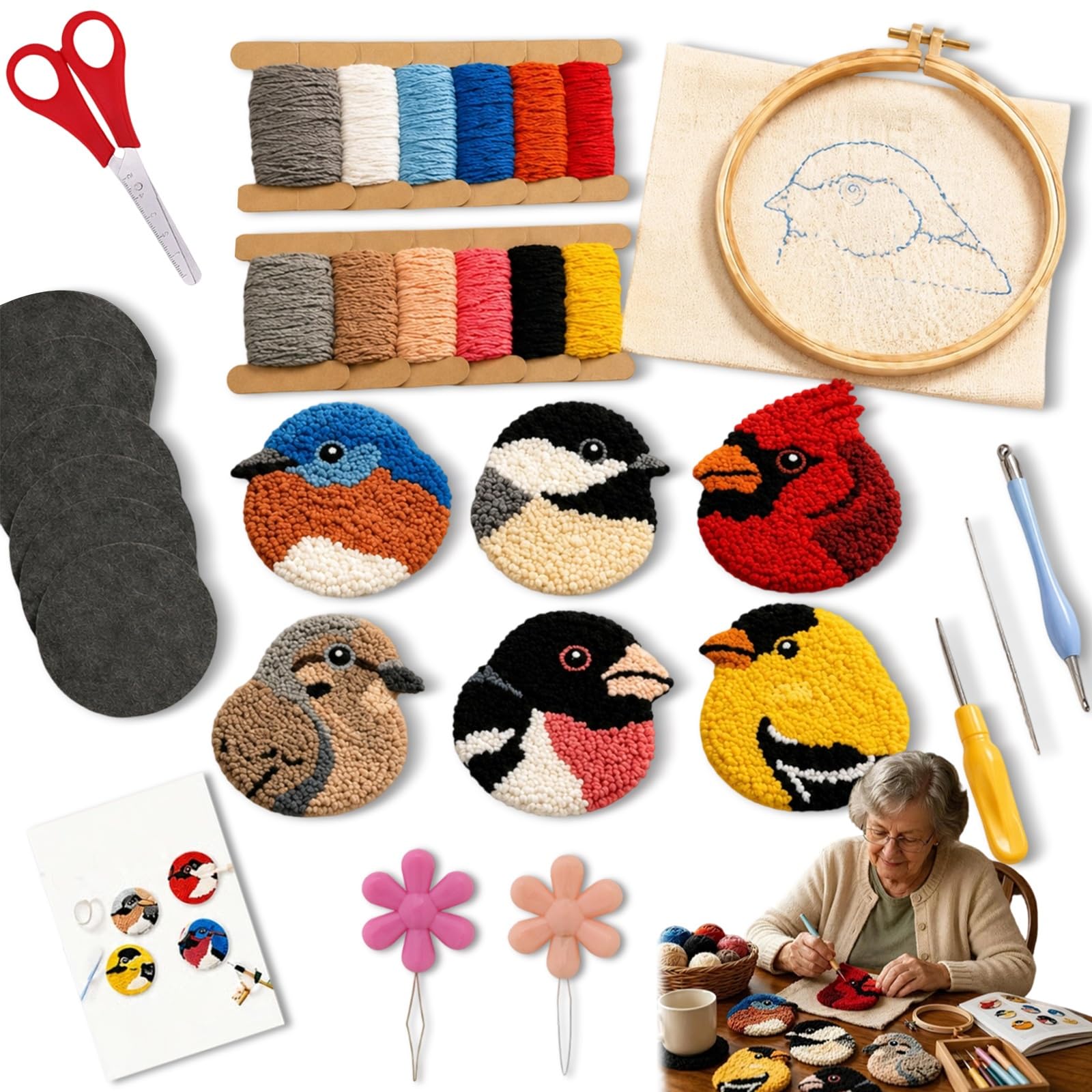 2026 Beginner-Friendly Diy Bird Coasters Punch Needle Kit, 6 Pack Punch Needle Coasters Kit, Woodland Birds Punchs Needles Coaster Kits, One Soothing Stitch At A Time, Reduce Stress & Enjoy(1Set)