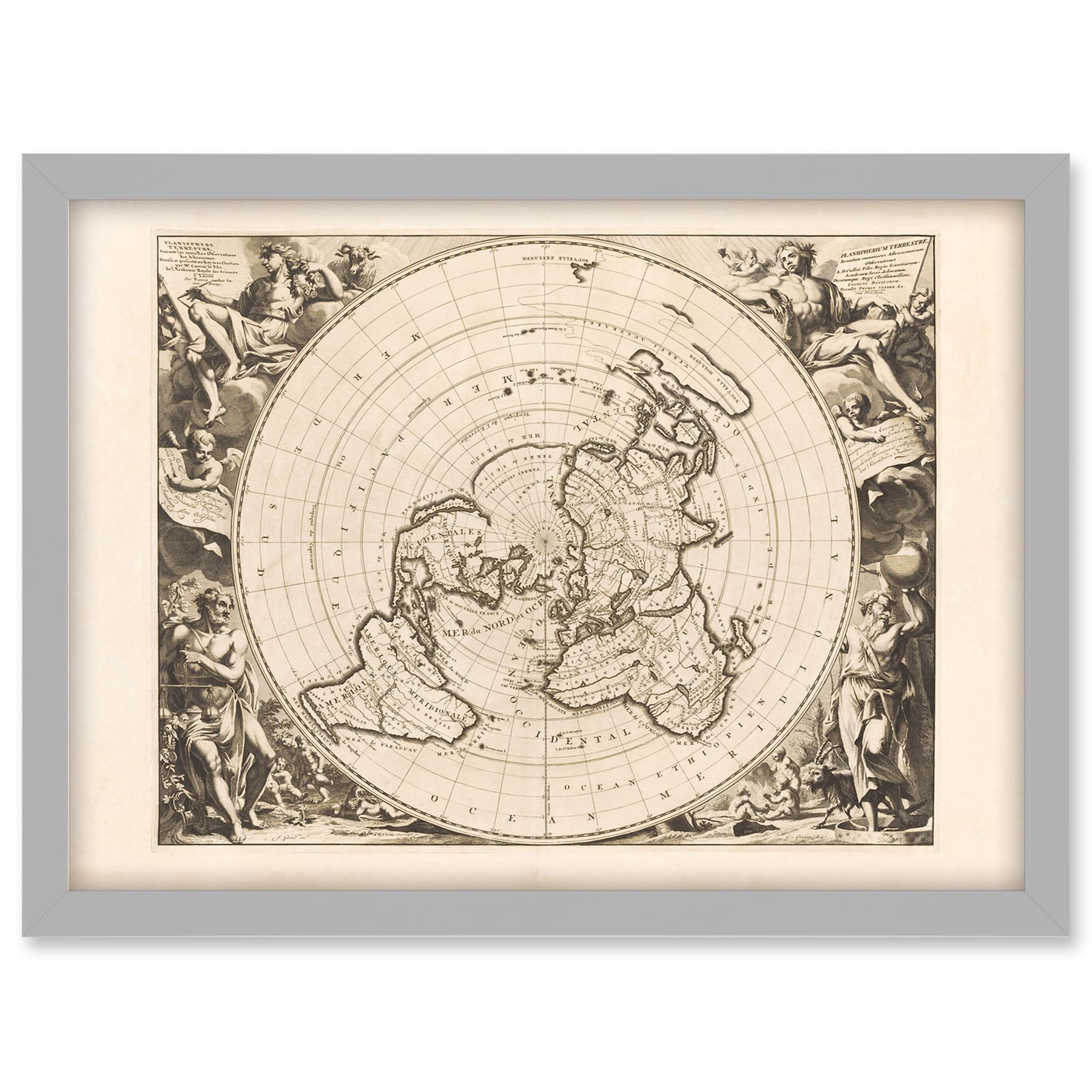 Jacques Cassini Flat Earth Map 1713 Sepia Colour Terrestrial Planisphere According to Astronomers New Observations Decorative World Polar Projection Artwork Framed A3 Wall Art Print