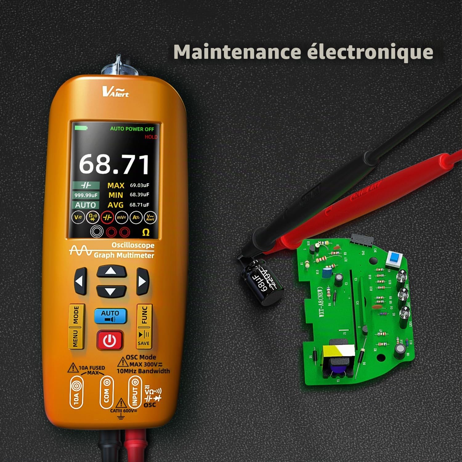 Multimètre Numérique Rechargeable avec Oscilloscope Portable 10Mhz 48MSa/s True RMS Transfert de Données Auto Calibration Testeur de Courant Tension Capacié Continuité Résistance Diode NCV