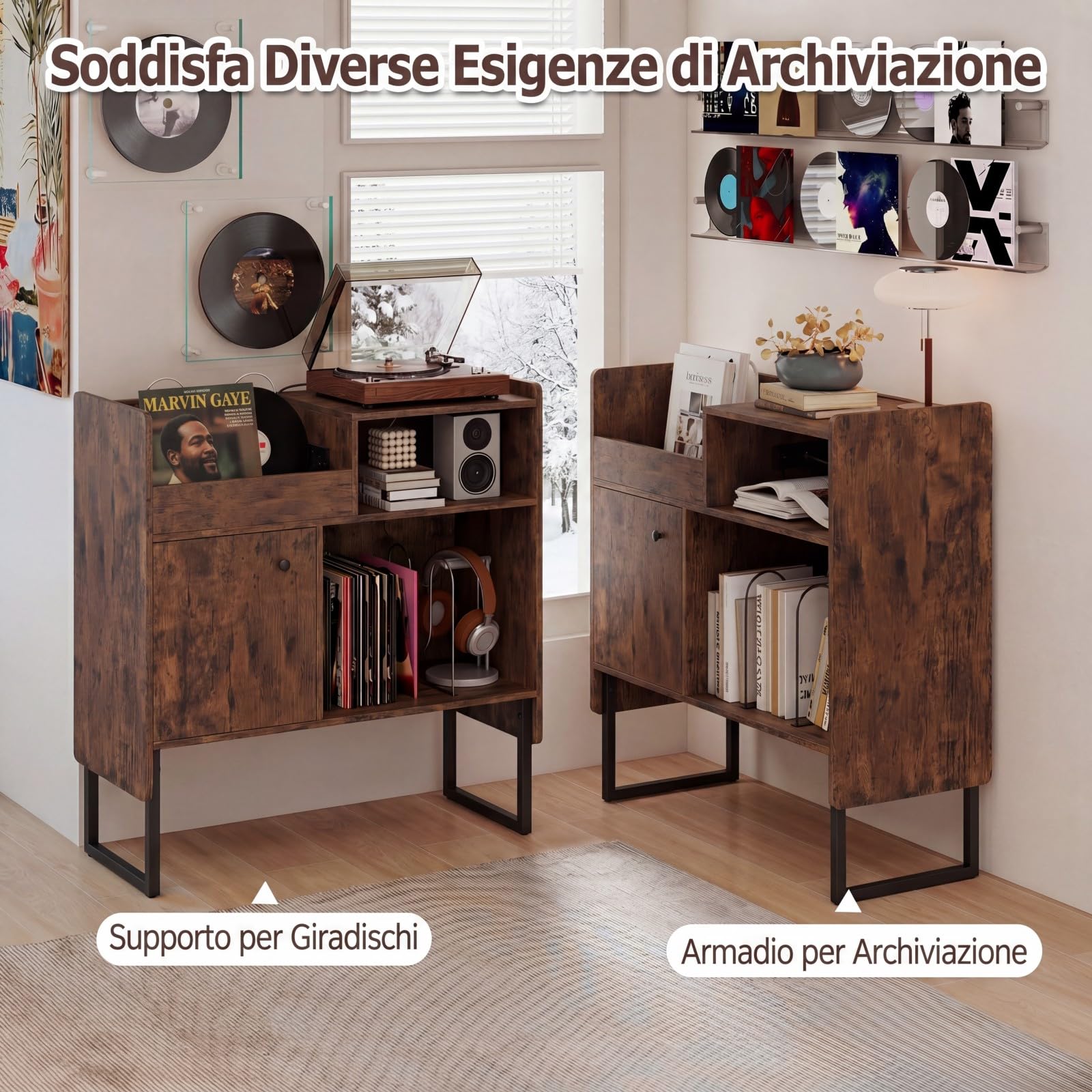 COSTWAY Mobile Giradischi con Stazione di Ricarica, Supporto Porta Vinili e Dischi, Tavolino con Armadietto e Scomparti Aperti, Stile Vintage, in Legno e Metallo, 80 x 35,5 x 85,5 cm