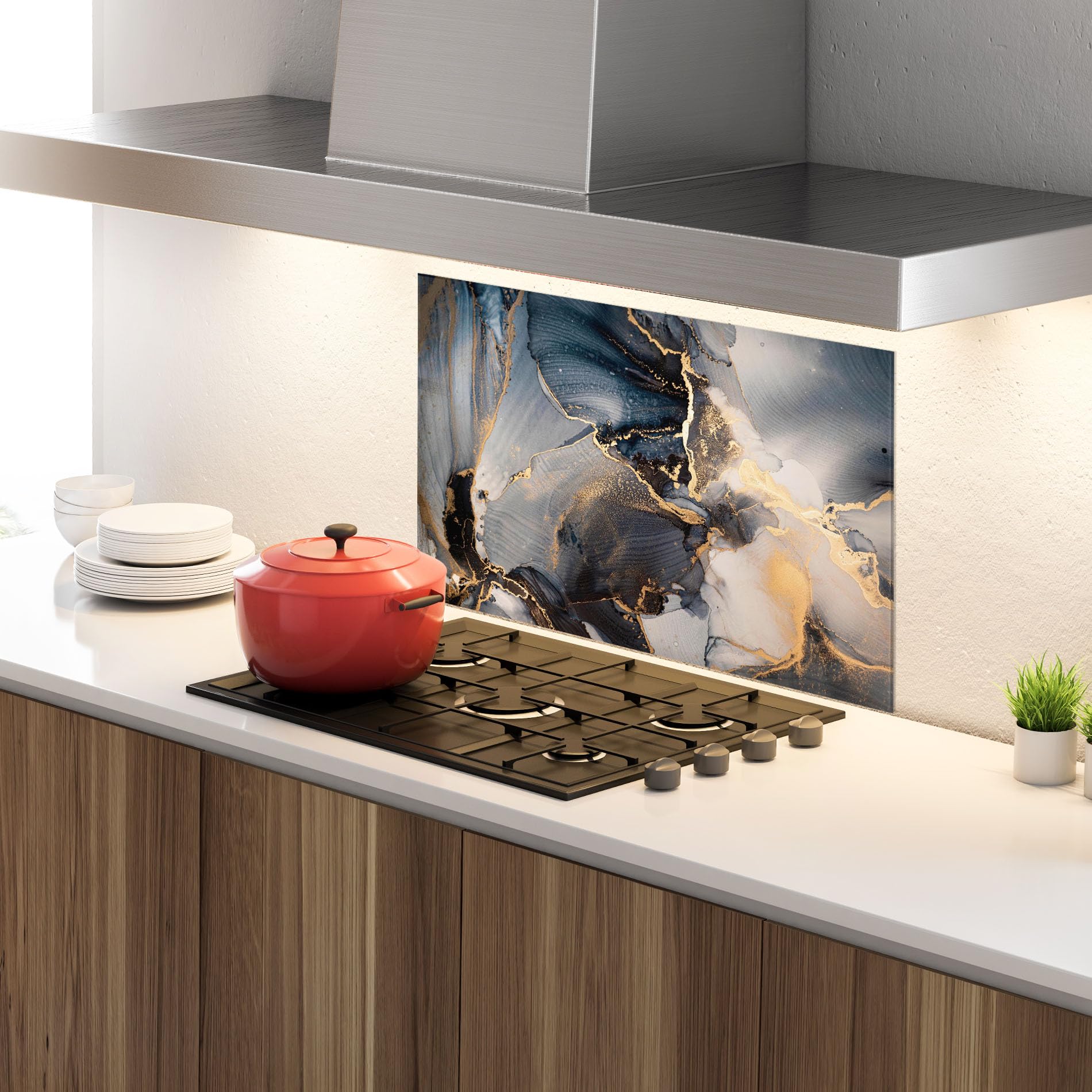 ARTHUB® Crédence de Cuisine en Verre 50x70 cm, Golden Abstract Marble | Protection Contre Les éclaboussures, Revêtement Mural en Carreaux, Plaque en Verre, Verre trempé, Abstrait, Marbre