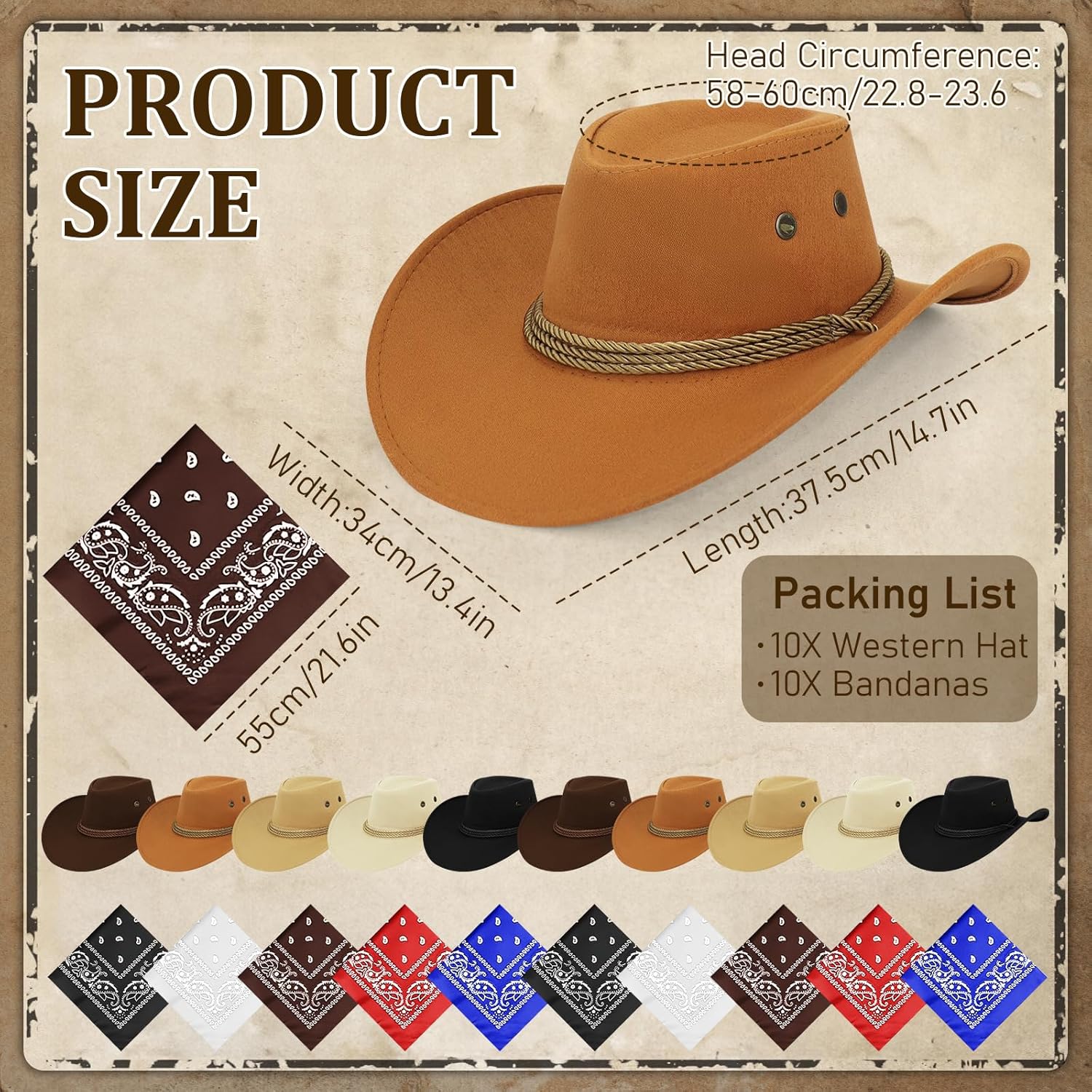 10 Set Cowboy Hat and Bandana,Cowboy Cowgirl Hats Bulk, Western Party Costume for Men Women(5 Colors) - Image 2