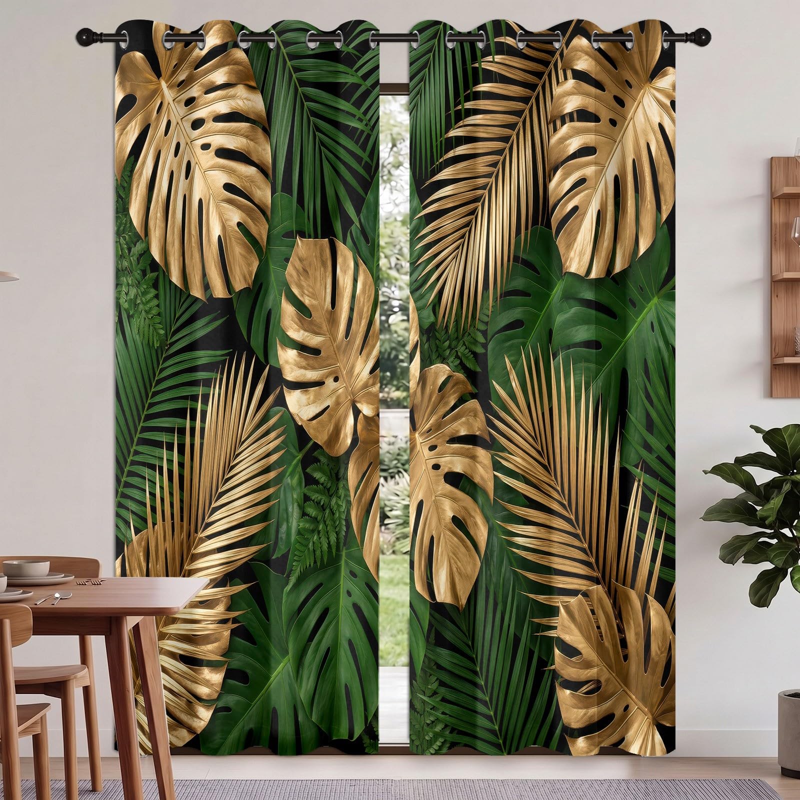 Rideaux Occultant Feuille Plante, Rideaux Occultant Monstera Métallique Tropicale Rideau Thermiques Isolant Anti Froid et Chaleur Rideau à Oeillets pour Salle De Séjour, 2 PCS, 91.5L X 160H cm