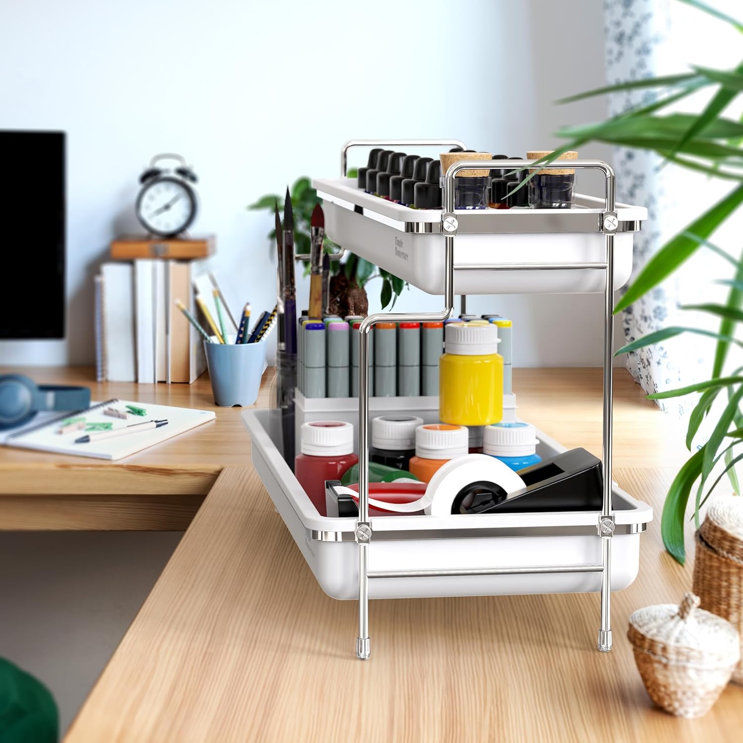 Simple Houseware 2-Tier Spice Rack Kitchen Bathroom Organizer Countertop Shelf, White