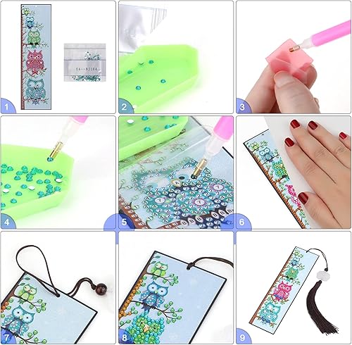 Miniatura 4 de Kit de marcapáginas de pintura de diamante de búho 5D para regalo de cumpleaños de graduación, borla de diamante con forma especial, marcapáginas de