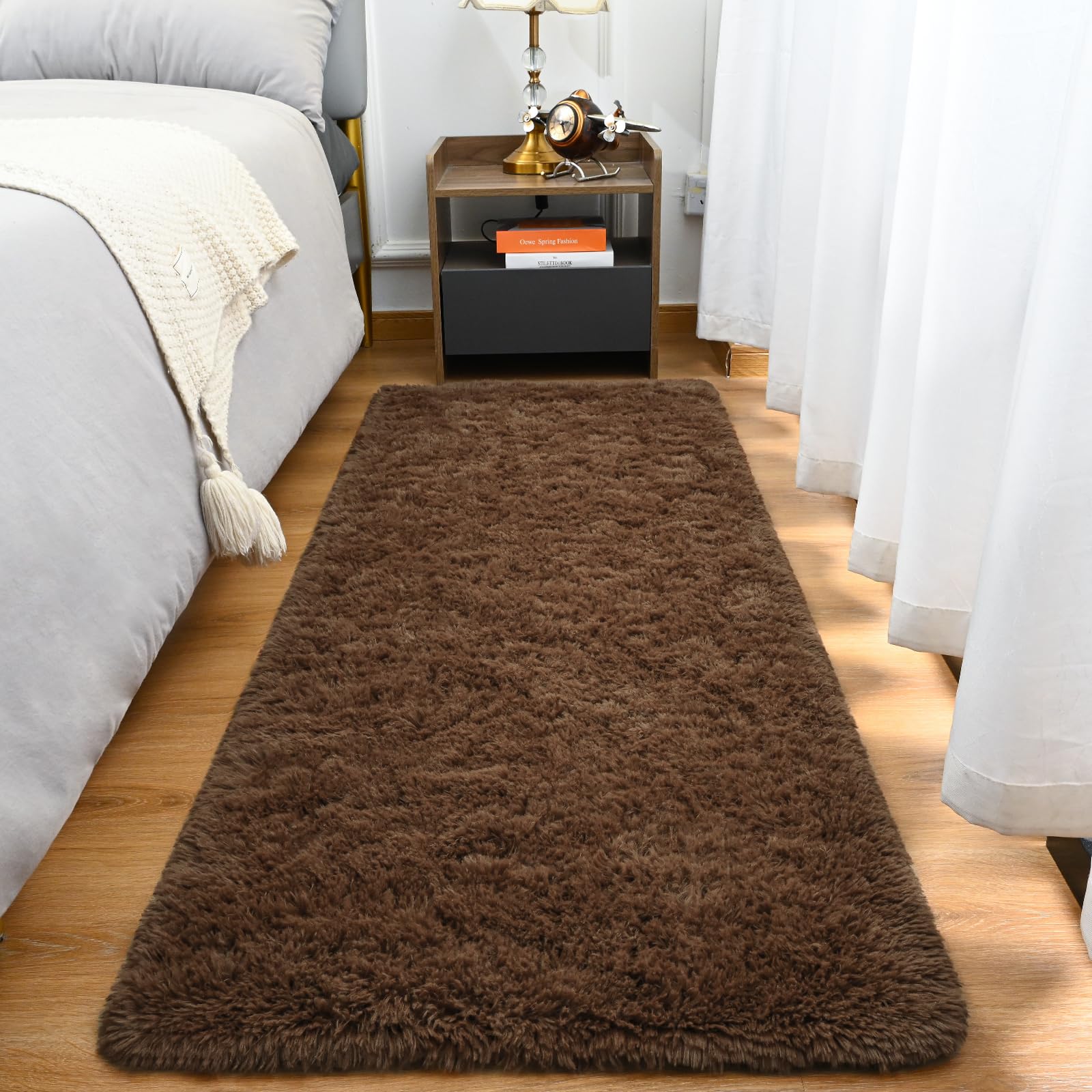 Goideal Fluffy Runner Rug for Bedroom Living Room, 2x6 Brown Bedside Rugs, Faux Fur Shag Modern Carpet Ultra Soft Girls Boys Room Home Decor, Solid โ image 1