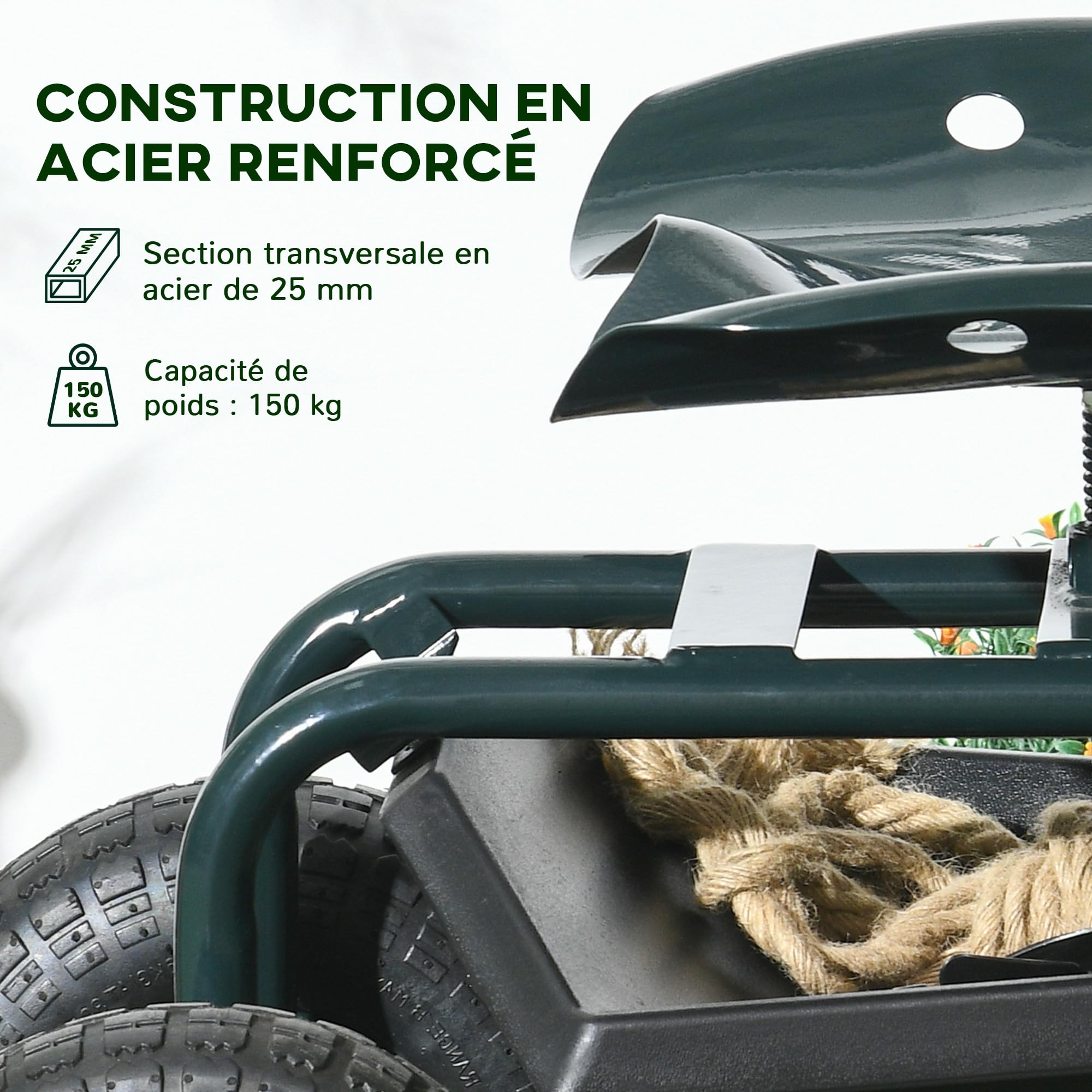 Outsunny Siège de Jardin Pivotant à 360° Plateau à Outils Max. 150 Kg Vert | Siège de Travail, Chaise Roulante, Réglable en Hauteur, Tabouret à Roulettes