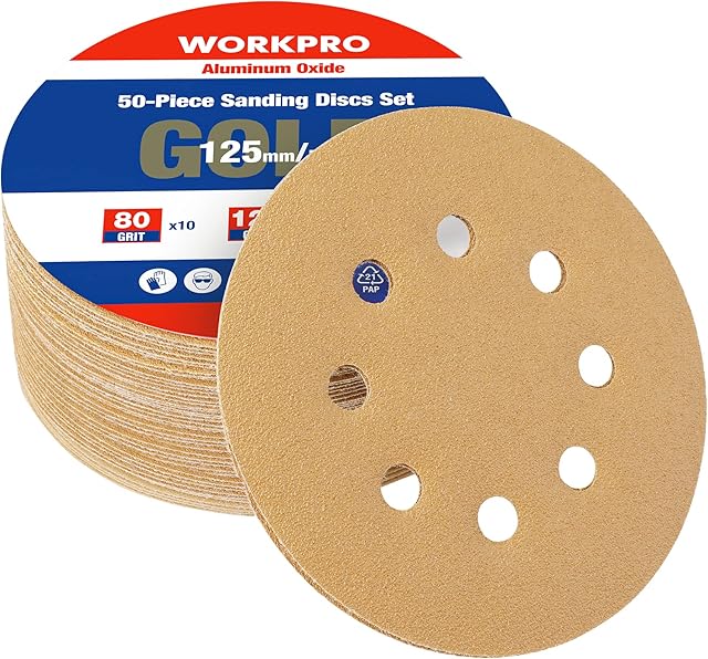 WORKPRO 50Pcs Sanding Discs 125mm, 80 120 240 Mixed Grits Hook and Loop Sandpaper, 3 Times Stronger Orbital Sander Discs with 8 Holes, Ideal for Grinding, Polishing and Rust Removal