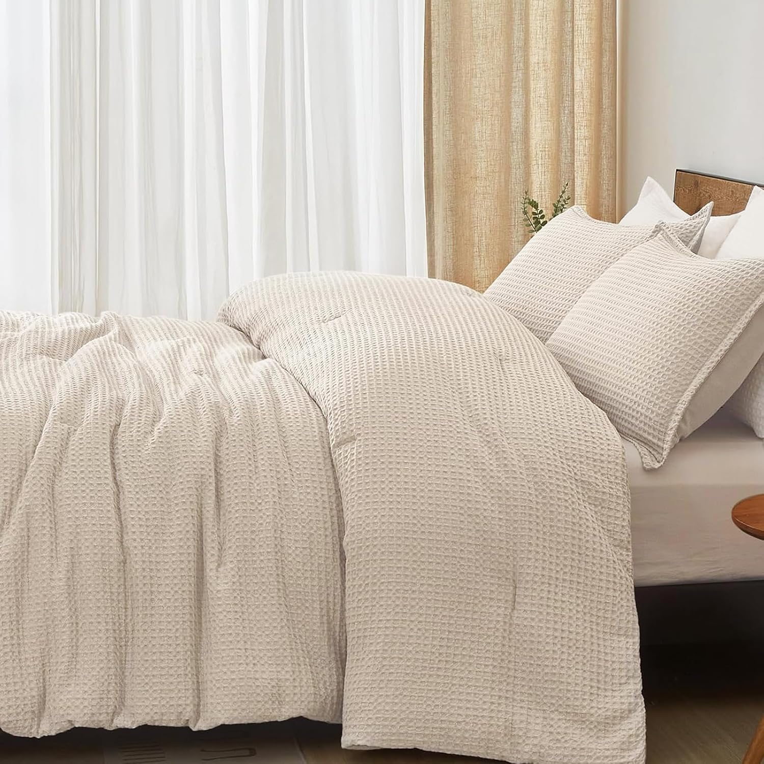 Wrenley Vale 7 Pieces Comforter Set King Khaki Waffle Ultra Soft Fluffy Comforter Set All Season Bed in a Bag Set Shabby Chic Farmhouse Rustic Style Bedding