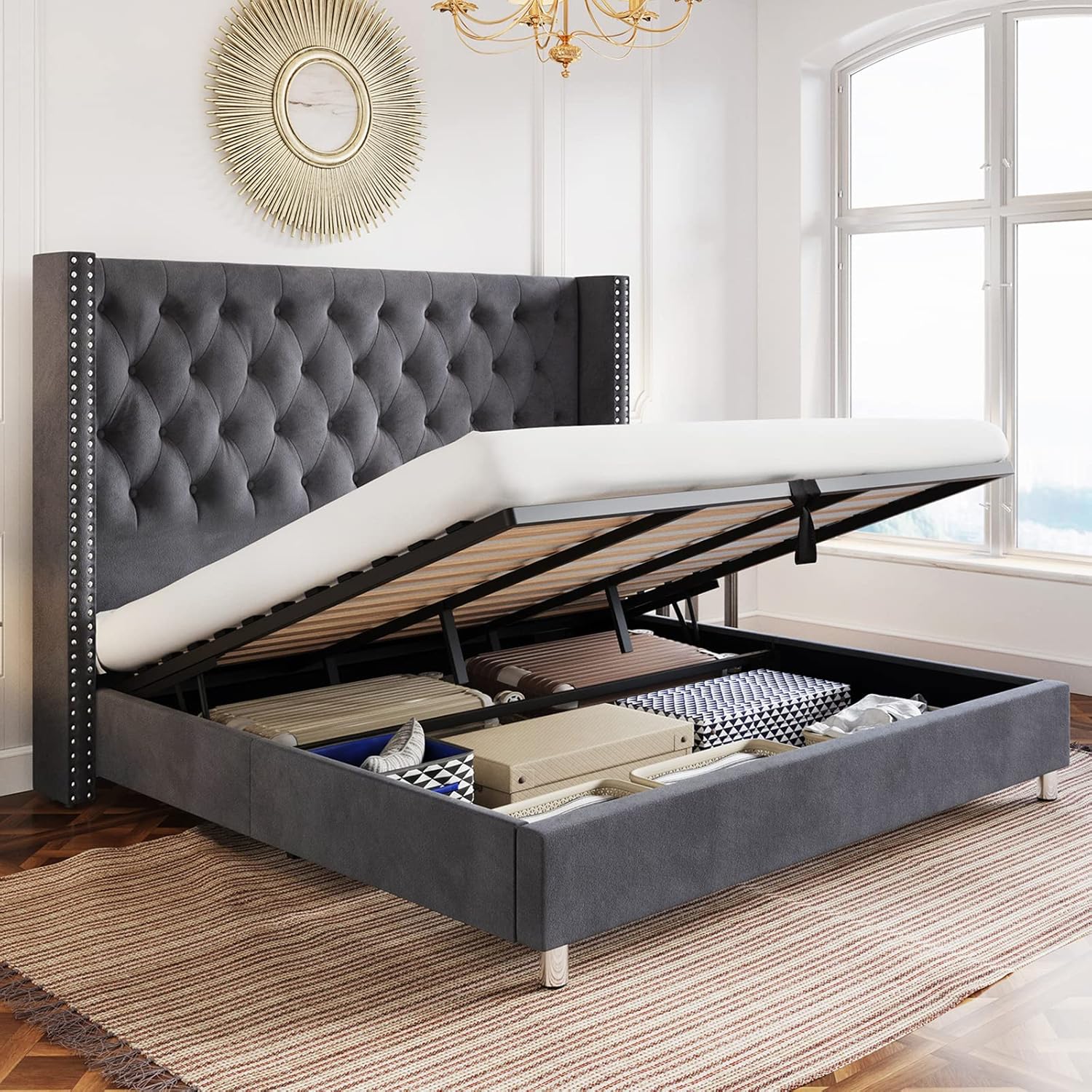 PaPaJet Lift Up Storage Bed King Size Upholstered Platform Bed Frame Button Tufted