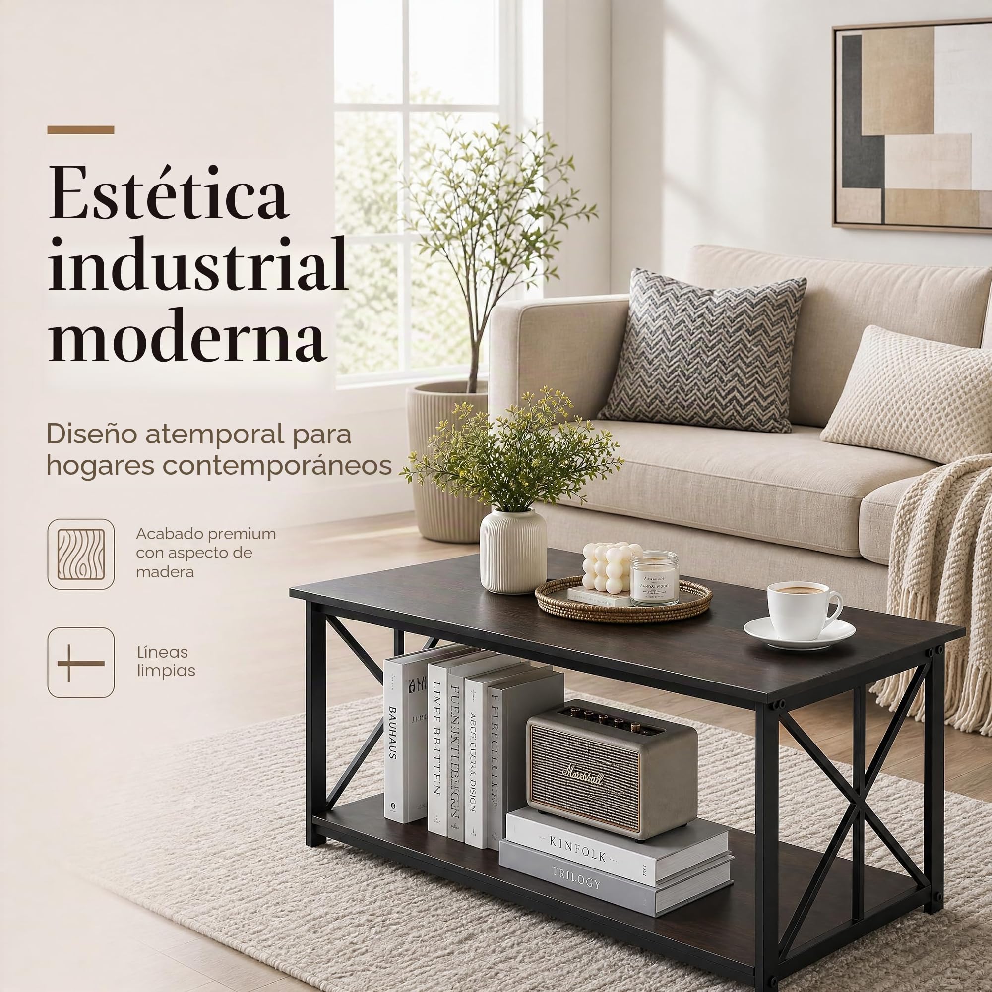 Manora Mesa de Centro Rectangular Moderna, Mesa de Salón Estructura en X, Mesa Baja para Sala de Estar, Oficina, Balcón, 96 x 50 x 42cm, Negro y Marrón