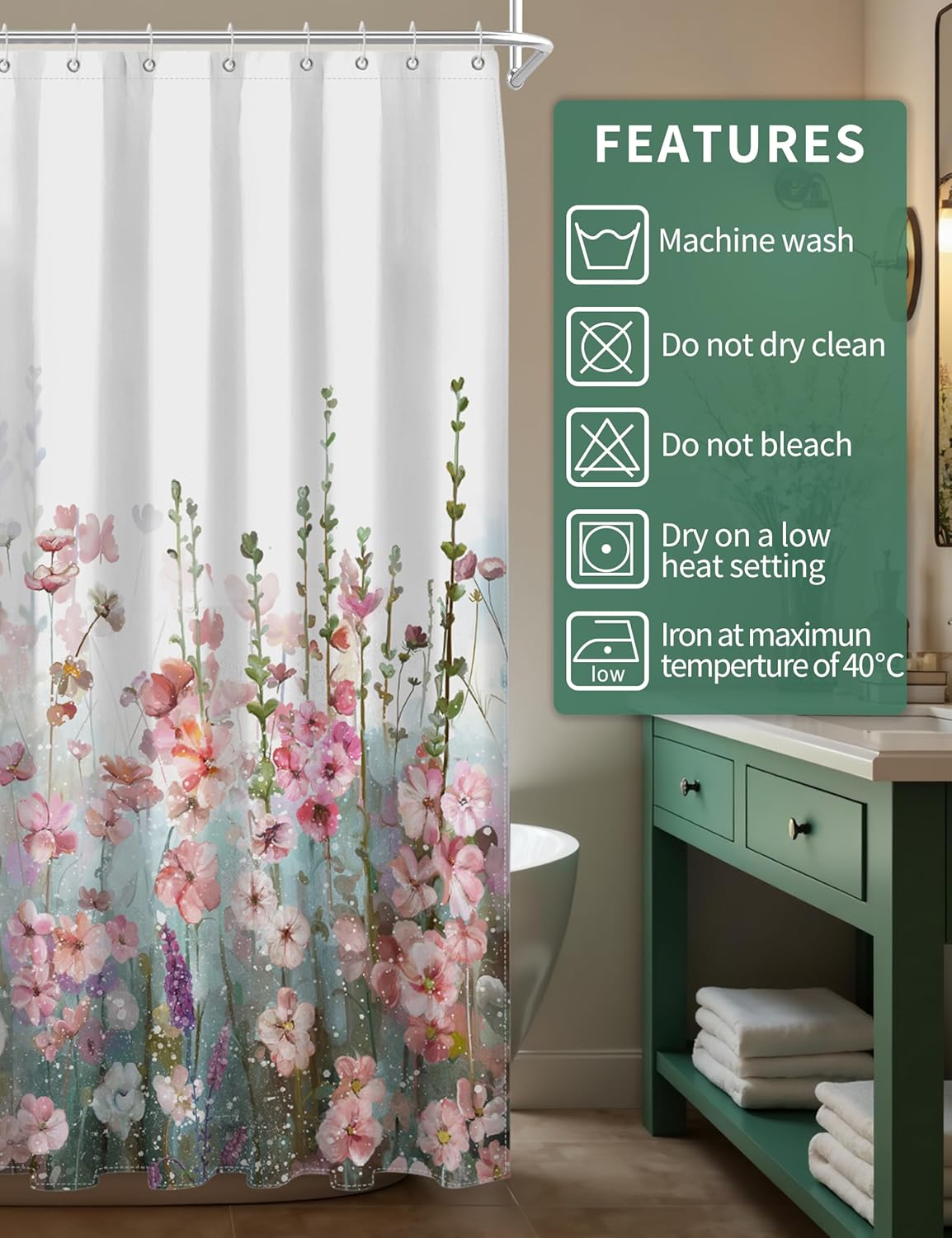 SUMGAR Colorful Flowers Shower Curtain for Bathroom Pink Floral Romantic Wildflower Plants Nature Scenery Decoration Curtain Set with Hooks, 72 x 72 inch