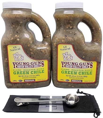 Young Guns Green Chile Sauce (mediana), paquete de 2 505 Fresh Salsa de enchilada verde hecha con chiles verdes Young Guns Hatch Valley + cuchara
