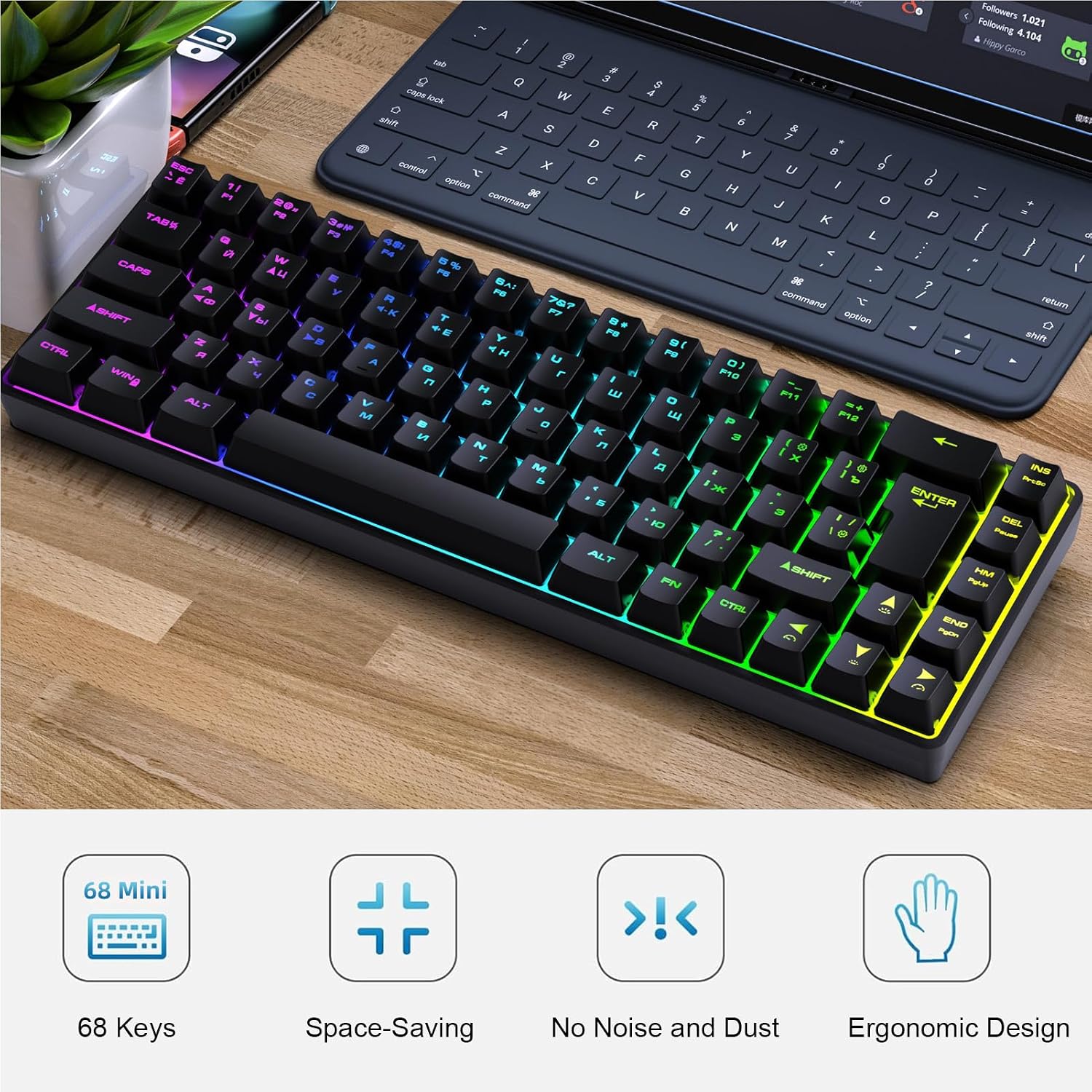 Russian English Dual Language Keyboard, RGB Backlit Gaming Mechanical Keyboard for Gamers, Typists, Wired for Computer with 18 Lighting Modes (Black)