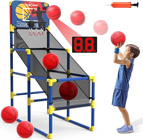Juego de arcade de baloncesto para niños, con marcador electrónico, sonido de alegría, aro de baloncesto para interiores y exteriores con 4 bolas,