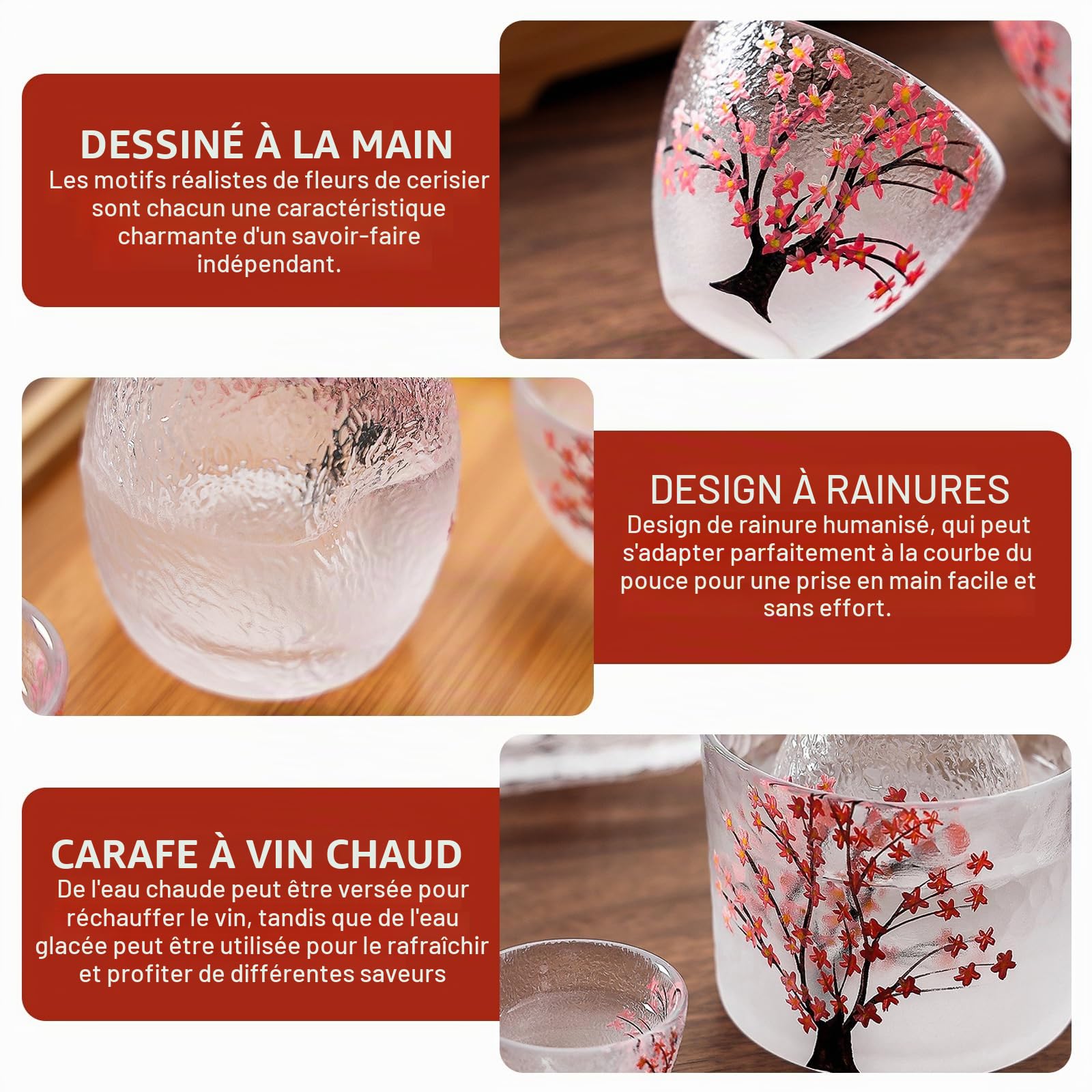 Nimblyne Lot de 6 sakés japonais : 1 bouteille de saké, 1 récipient à saké et 4 gobelets à saké en verre fait à la main avec des fleurs de cerisier rose