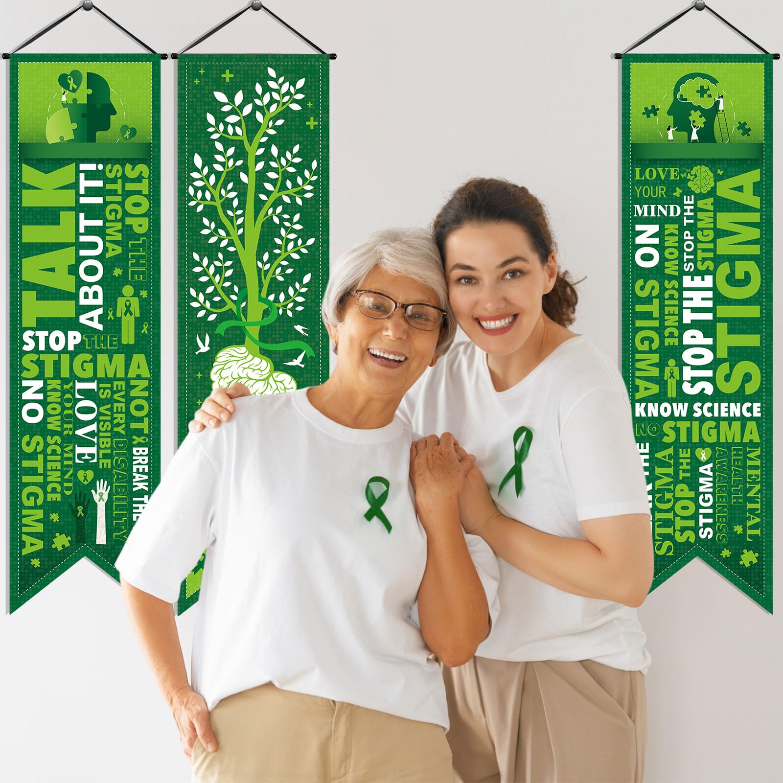 Blulu 3 Pcs Mental Health Awareness Banners Motivational Porch Signs 47''x12'' Inspirational Green Ribbon Awareness Banner Decorations for Indoor Outdoor Door Wall Mental Health Month Party Supplies - Image 5