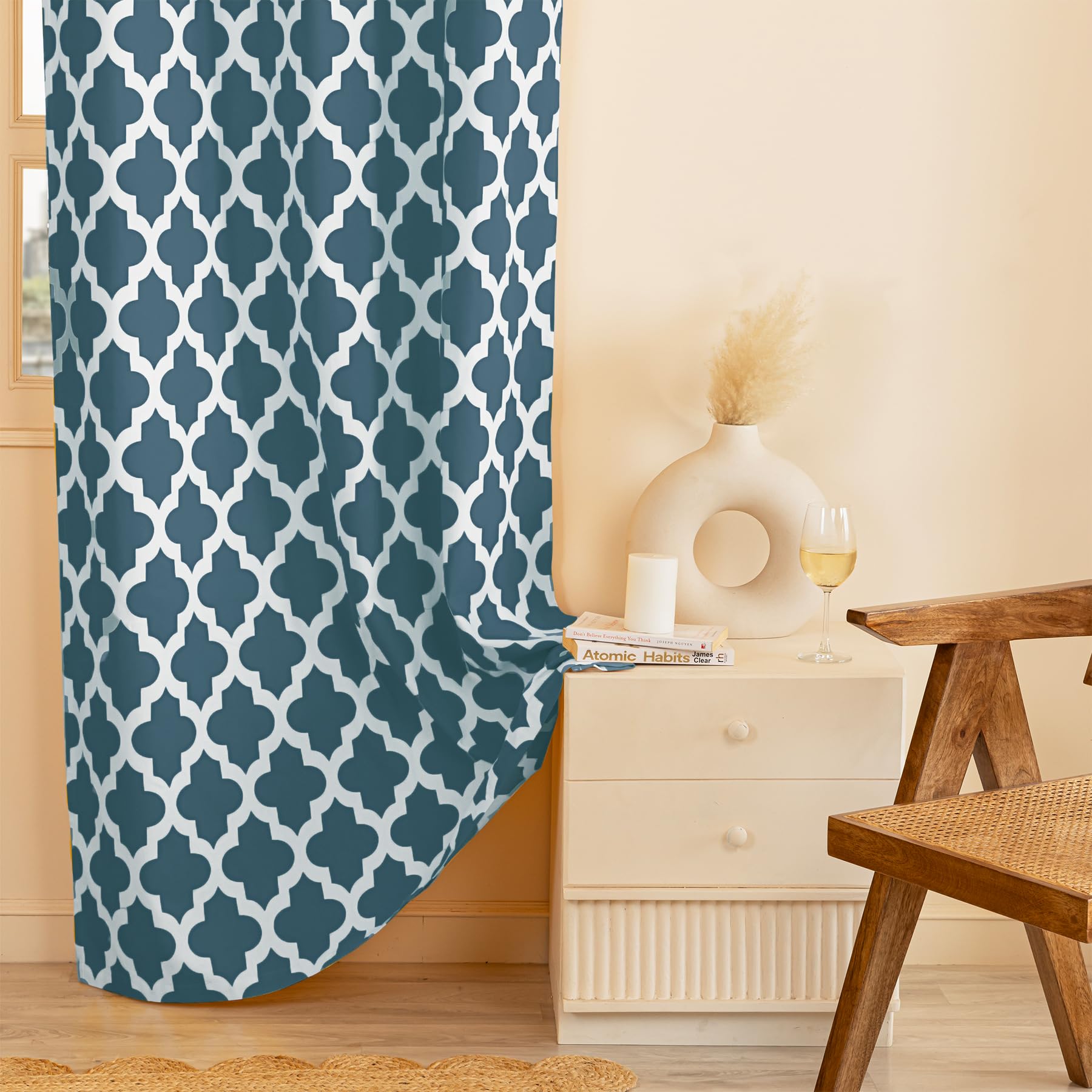 HOMEMONDE Room Darkening Long Door Curtain with Quatrefoil Print Cotton 8 Feet Thick Drapes for Balcony, Living Room, Hangs with Stainless Steel Rings, Blue, 1 Piece (B09XHHY3NF) Amazon Price History, Amazon Price Tracker