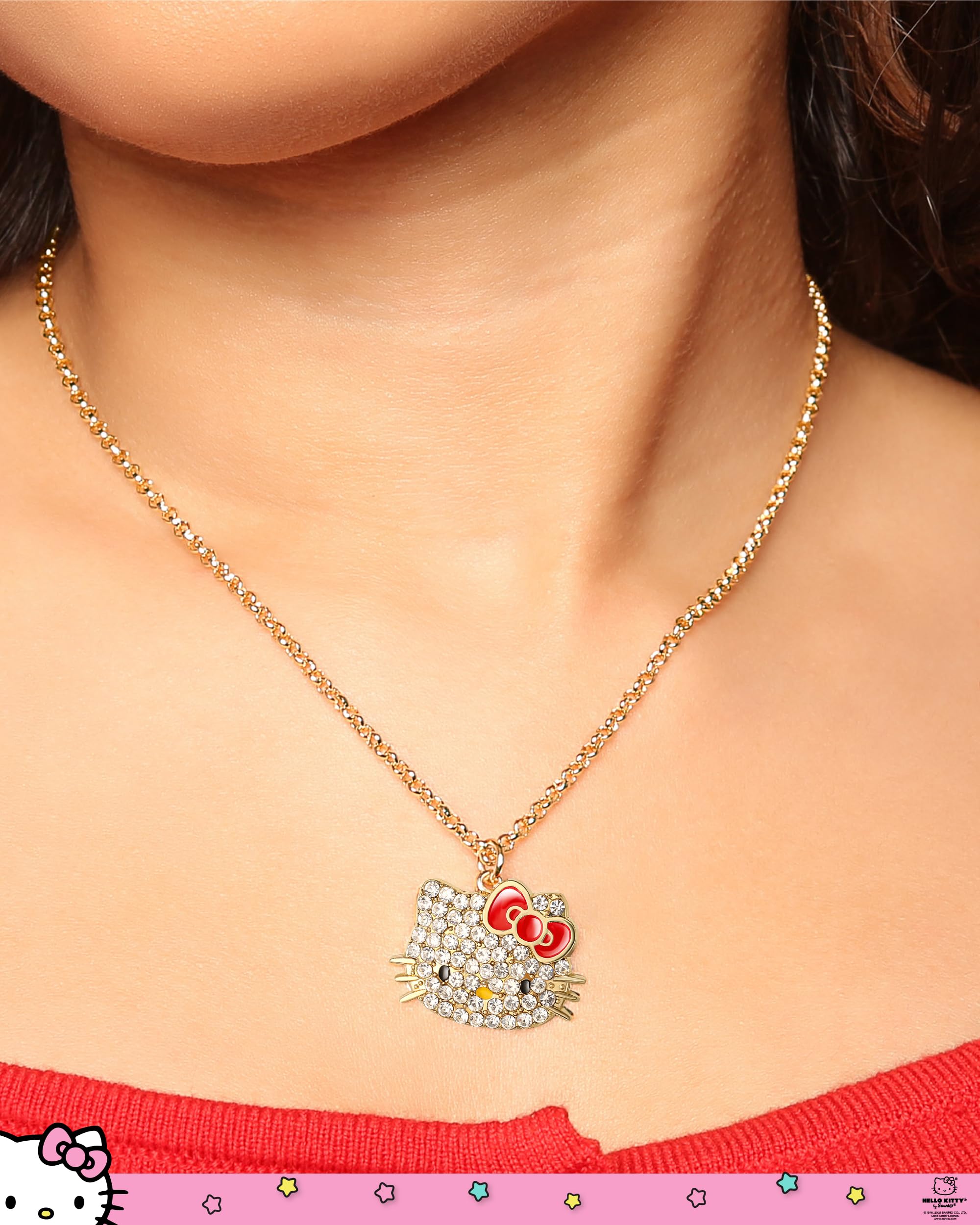SALLY ROSE Hello Kitty Necklace for Women with Pave Crystals, 16"+3" Gold Plated and Enamel Sanrio Pendant Necklace Official License