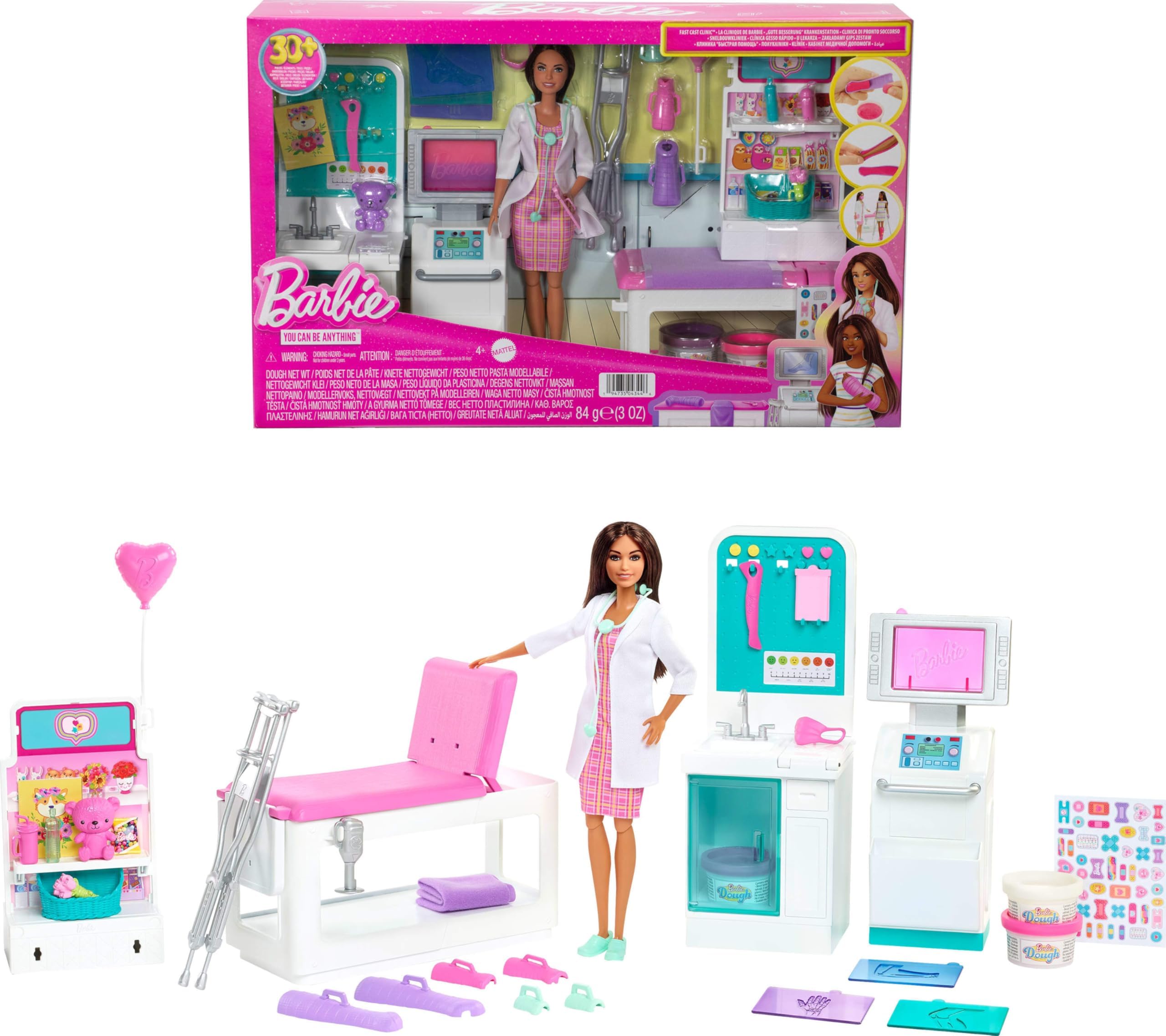 Fast Cast Clinic Playset, Brunette Barbie Doctor Doll, 30+ Play Pieces, 4 Play Areas, Cast & Bandage Making, Medical & X-ray Stations, Exam Table, Gift Shop & More, Great Toy for 3 Years & Up