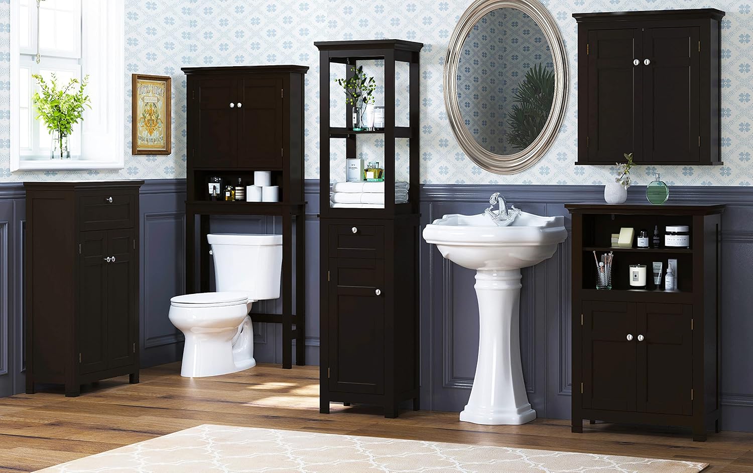 Spirich Slim Bathroom Storage Cabinet, Tall Narrow Cabinet with Door and Shelves, Freestanding Linen Tower (Espresso)