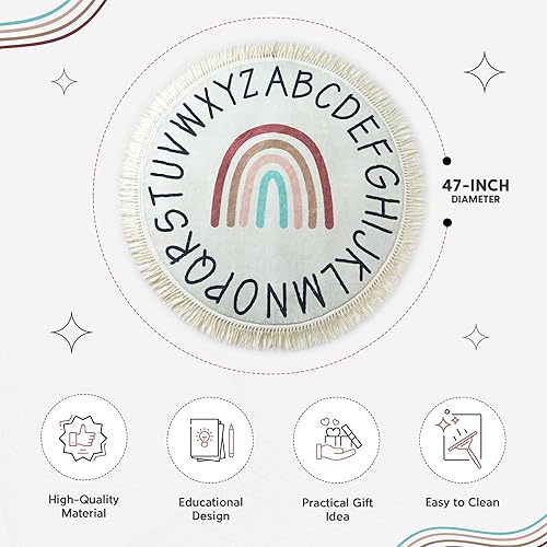 Miniatura 4 de ABC Lovely - Alfombra bohemia con diseño de arco iris, alfombra redonda de 4 pies para sala de juegos de niños pequeños, alfombra redonda para aula,