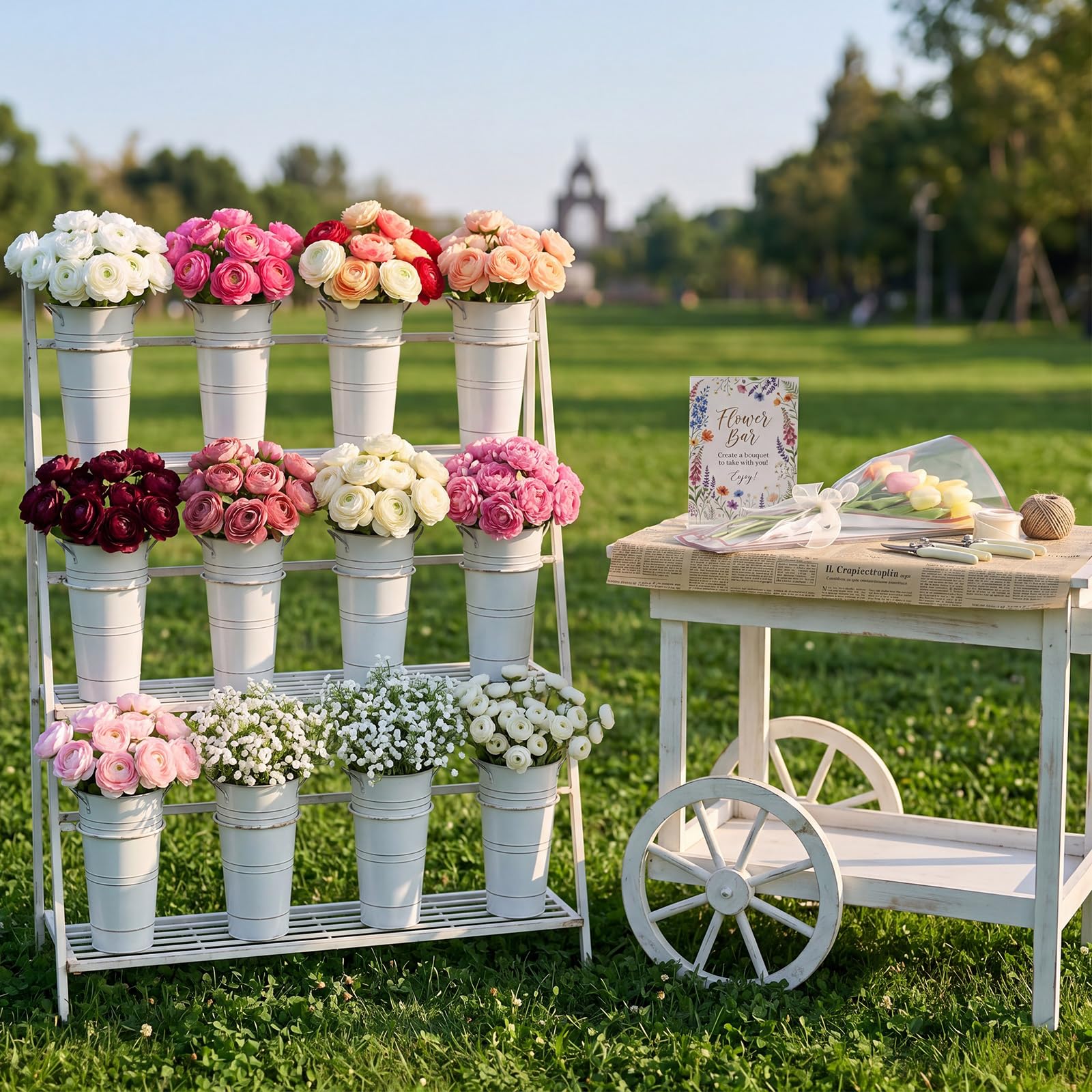 142 piezas de suministros de barra de flores con 12 cubos blancos, 100 bolsas de envoltura de flores, tijeras para letreros de flores, suministros de barra para boda, novia, graduación