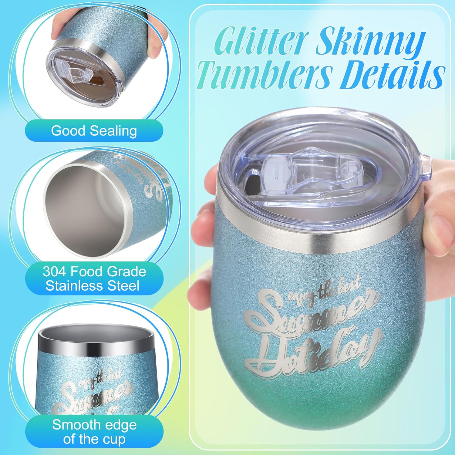 Tioncy 4 Pieces 12 oz Glitter Summer Tumbler Cups Hawaii Sea Vacuum Wine Cup Insulated Stainless Steel Travel Mug Tumblers with Lid and Straw Sea Pool Party Vacation Gifts - Image 6