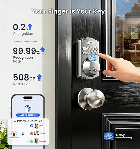 Miniatura 12 de Veise VE012W-K - Cerradura inteligente de huellas dactilares WiFi integrada con 2 perillas, no necesita concentrador, control remoto por aplicación,