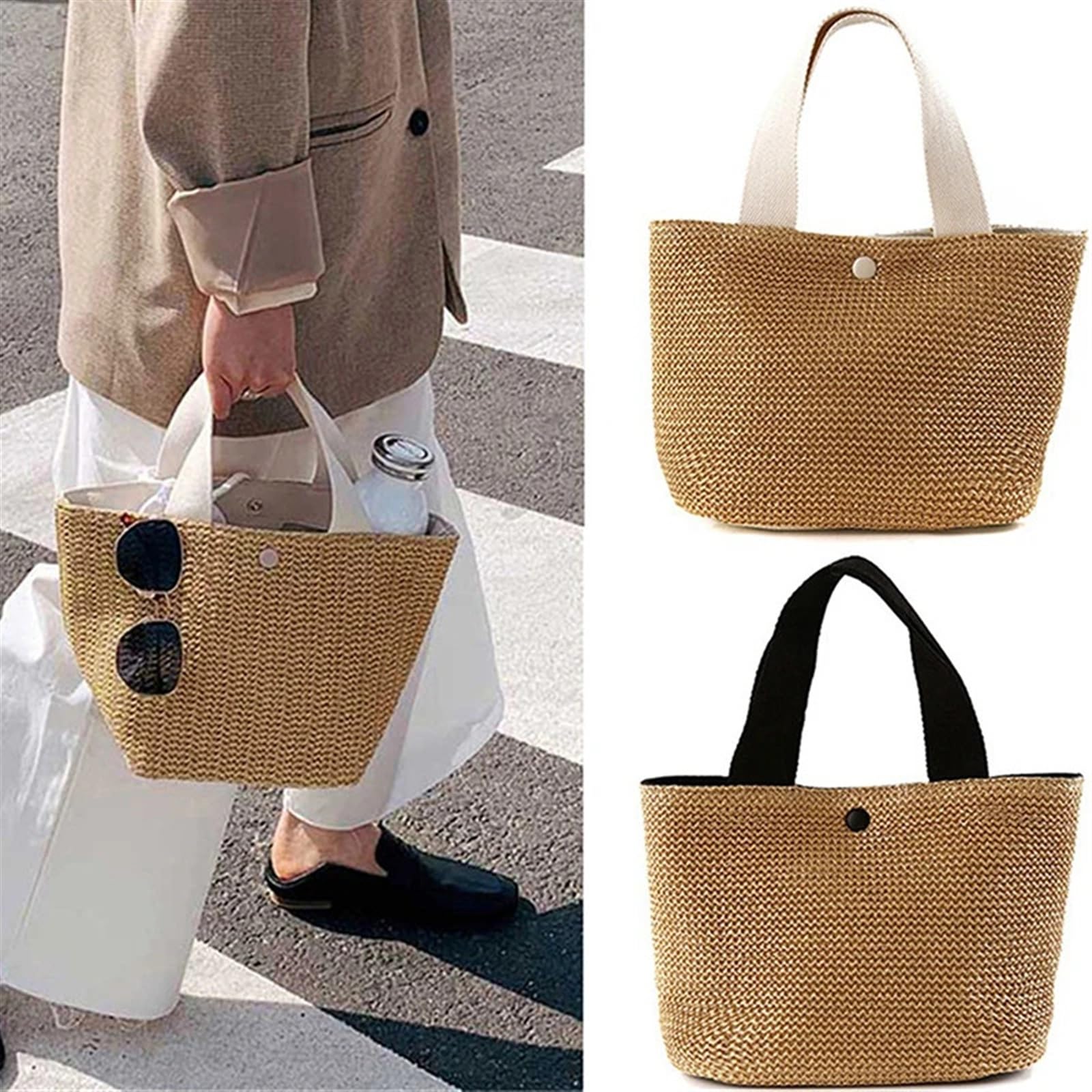 Geflochtene Tasche Strand Stroh Schulter Messenger Tasche Frauen Sommer gewebt Rattan Eimer Schulter Handtasche handgemachte Umhängetaschen for Frauen(Black)