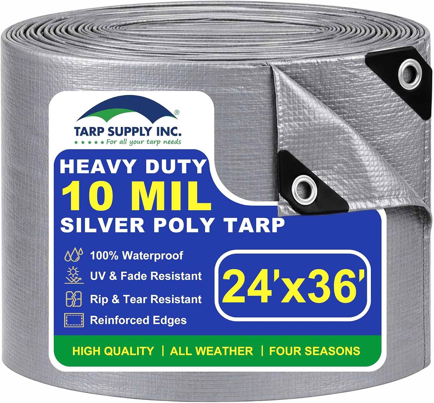 TARP SUPPLY Inc Heavy Duty Tarp 24x36 FT, 10 Mil Thick Waterproof Tarps with Grommets, UV&Tear Resistant, Tarpaulin Silver Plastic Cover for Pool Roof Tent Outdoor Firewood Furniture