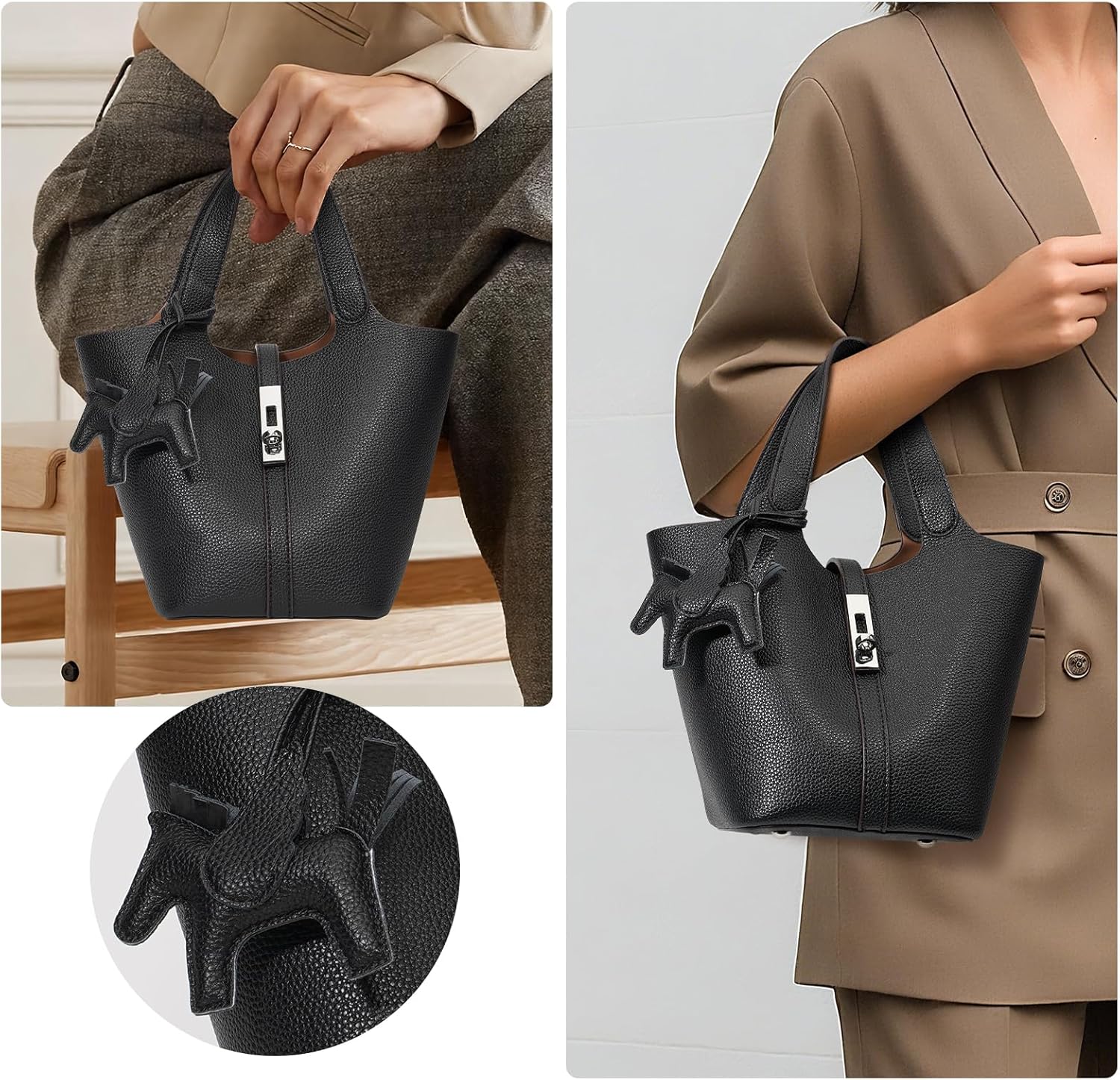 Tote Bag for Women Vegan Leather Bucket Purse for Women Top Handle Handbag Shoulder Bag with Detachable Small Purse - Image 2