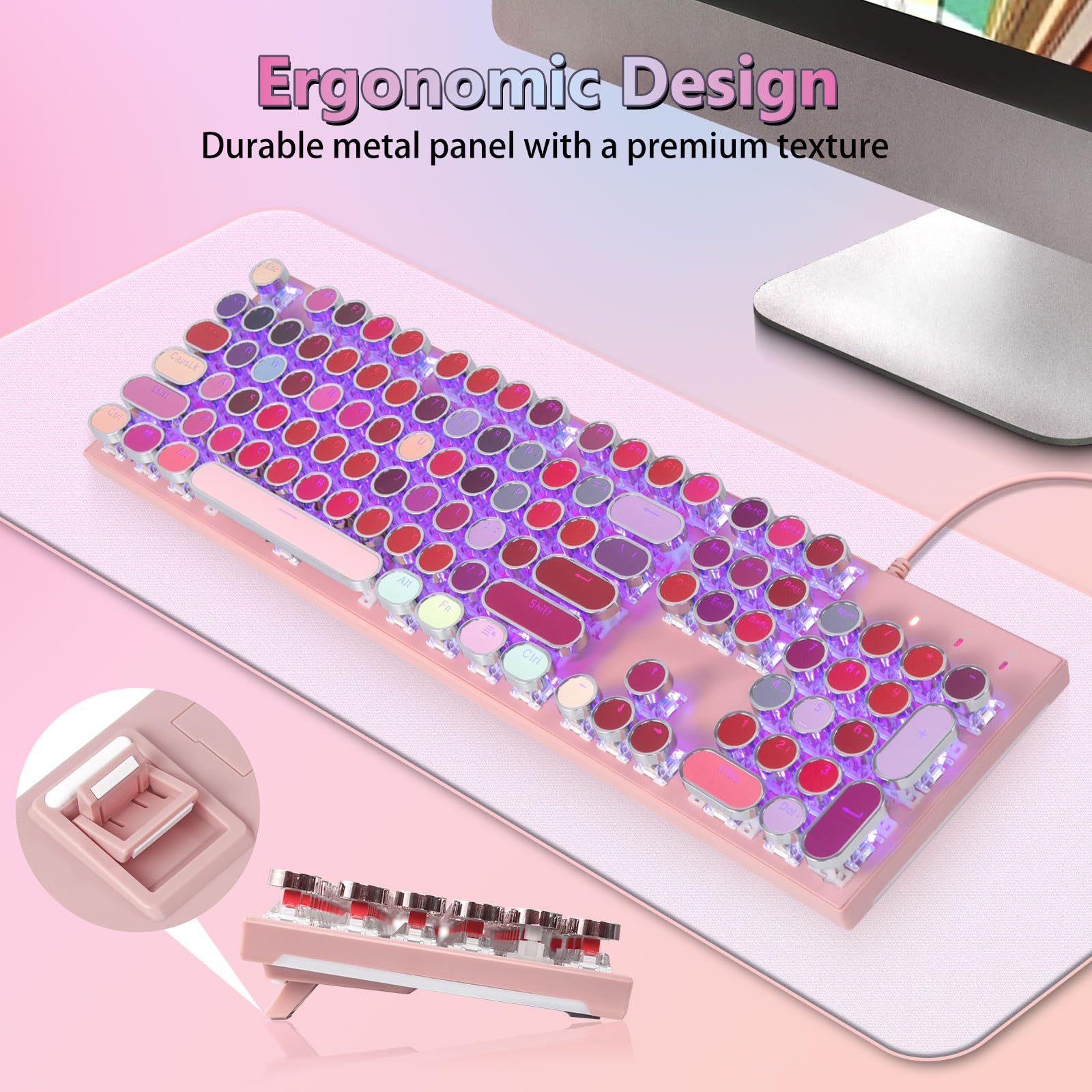 HUO JI - Teclado mecánico para juegos con luz lateral RGB y retroiluminada arcoíris, estilo retro, interruptores rojos, panel de metal, lápiz labial, 104 teclas para Mac, PC, lindo rosa