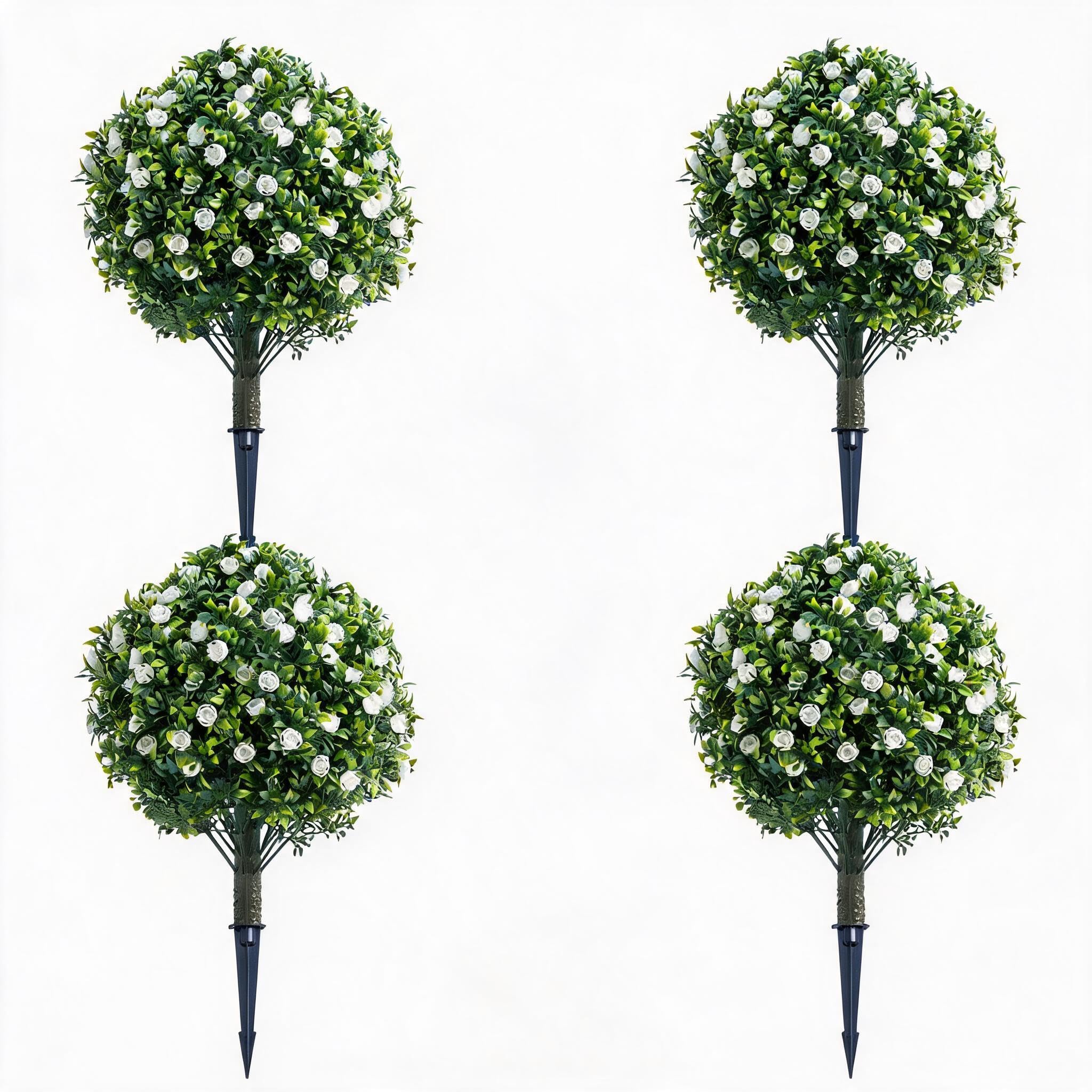 Koioplie Artificial Topiary Ball Trees Set of 4 – White Rose Flowers, 23.6" PE Faux Shrubs with Ground Spikes & Metal Stakes, UV Resistant Decorative Indoor/Outdoor Plant, 4 White Flowers, 60x40cm