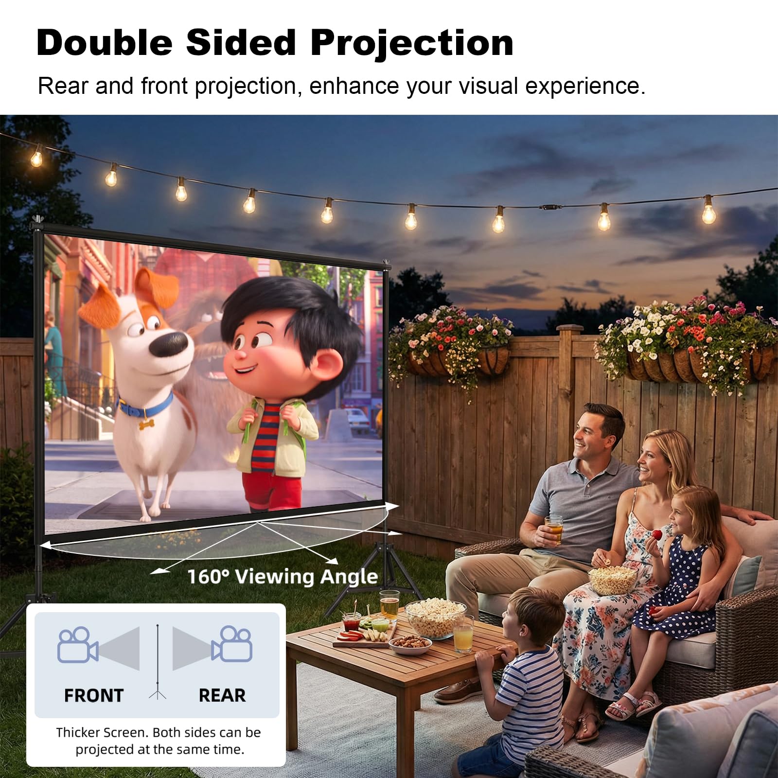 wootfairy Projektor-Leinwand mit Ständer, 120 Zoll, tragbar und faltbar, für Innen- und Außenbereich, 16:9, 4K-HD, Rückseite vorne, faltenfrei, Filmleinwand mit Tragetasche für Heimkino, Hinterhofkino